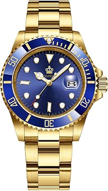 FANMIS Mens Luxury Rotatable Bezel Calendar Sport Luminous Business Quartz Waterproof Stainless Steel Watches Gold Blue