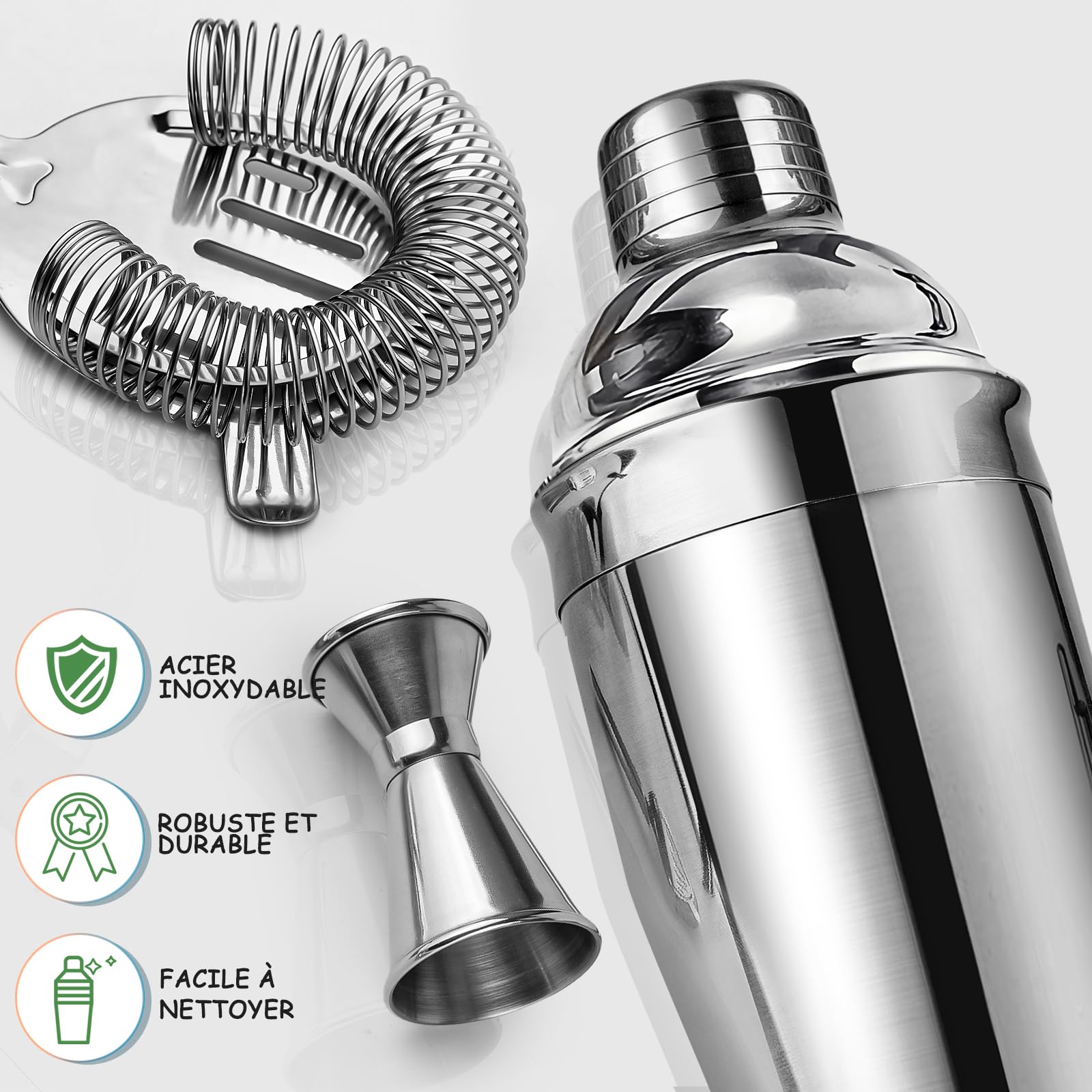 Ensemble Shaker à Cocktails avec Support, Mixeur à Boissons en Acier Inoxydable avec Tous Les Accessoires Essentiels, Kit d'outils de Bar Professionnel, Cadeau pour Homme, Papa, Femme