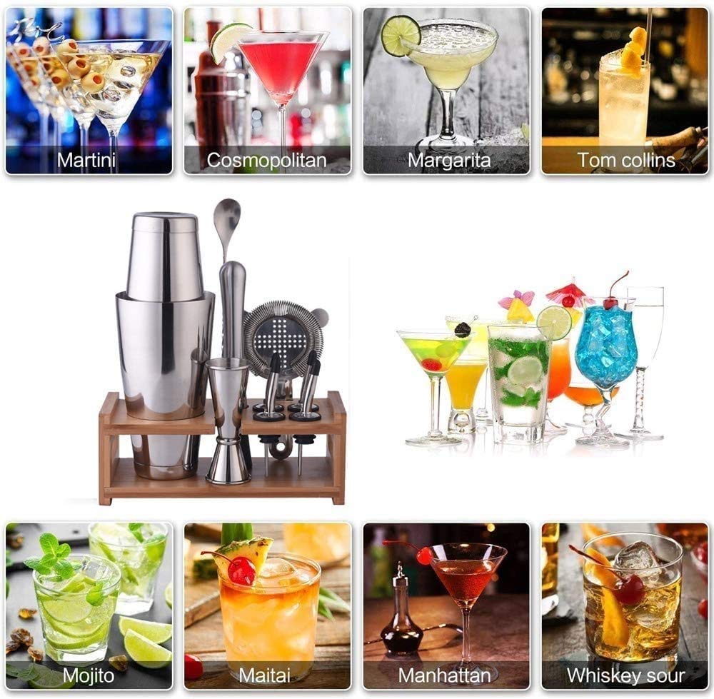 Steker Set Bartender Kit con soporte |Kit de barras Bebida mezclador Set para mezcla de bebidas - Herramientas de barras: Coctelera de Martini, Jigger, colador, Cuchara del mezclador, Muddler, L