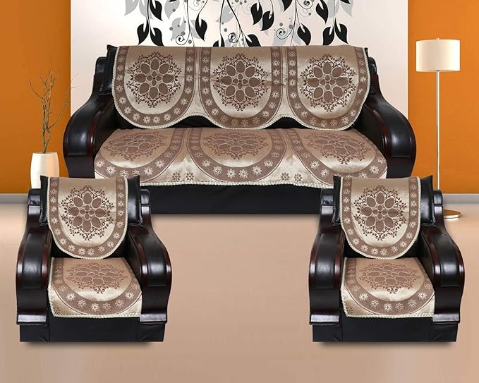 A.P HANDLOOM Velvet Cotton Ambi Printed Paisley Sofa Set of 5 Seater (3+1+1, Beige, Cream, Off White, 6 Pieces)