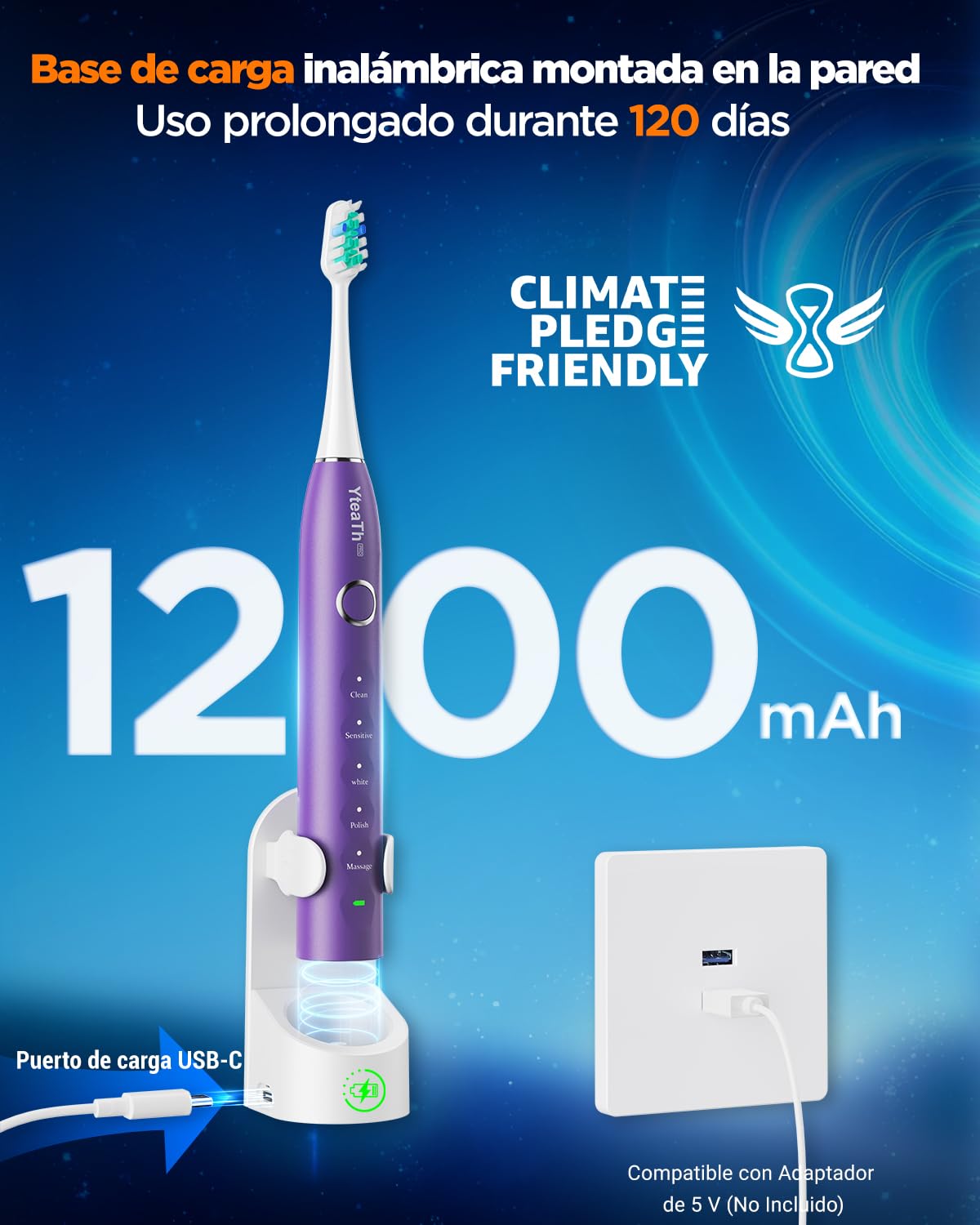 Cepillo de Dientes Eléctrico Sónico Mujer con 8 Cabezales - Cepillo Electrico Sónico Adultos con Estuche, 5 Modos, IPX7 Impermeable, Cepillo Dientes Electrico Viaje Recargable, Púrpura Oscuro