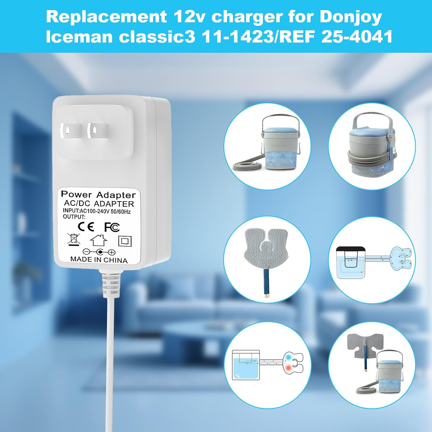 12V Power Cord for DonJoy Iceman Classic 3 11-1423 Cold Therapy System REF 25-4041 Power Adapter Charger Cable