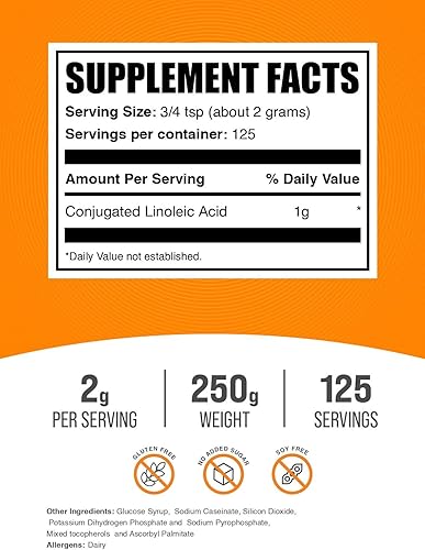 Vista 2 de BulkSupplements. com Polvo de ácido linoleico conjugado – Suplemento de CLA, suplemento nutricional – Sin gluten, 0.07 oz por porción, 250 g