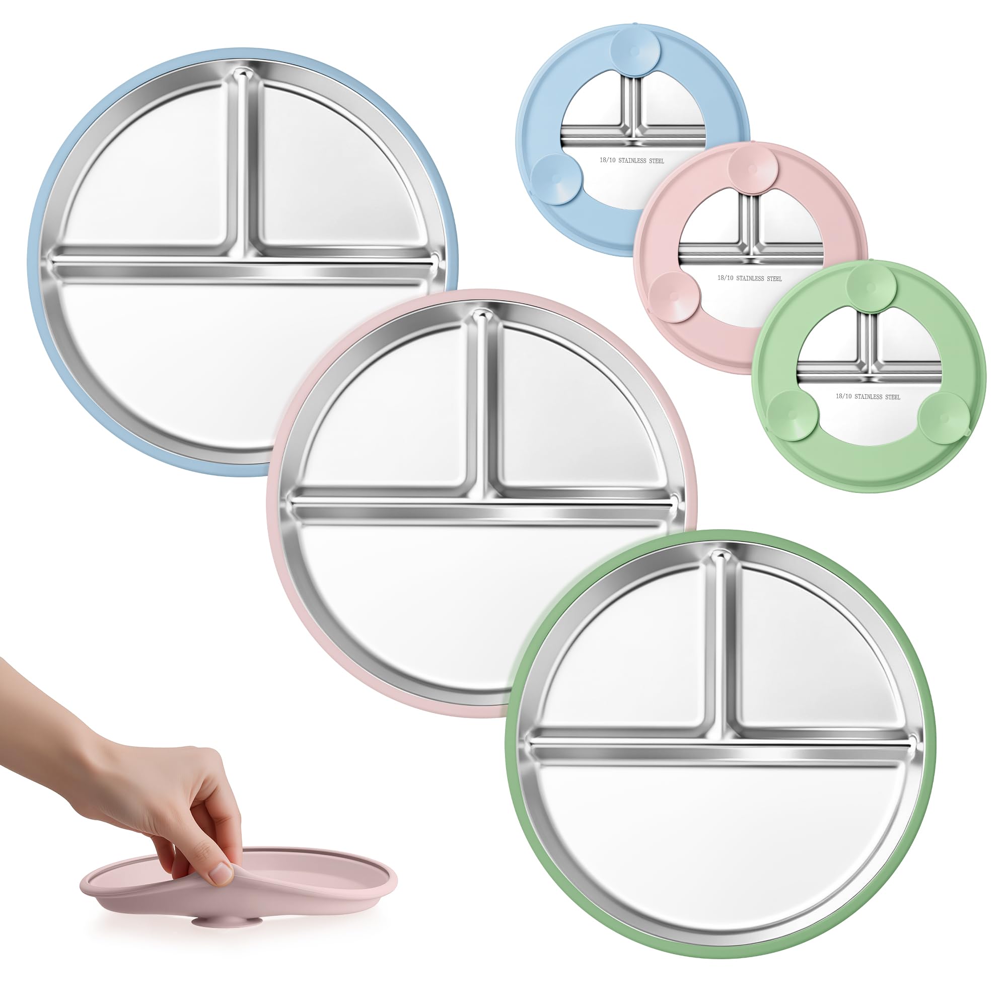Assiette pour enfant en acier inoxydable ventouse lot de 3 vaisselle inox 23 cm