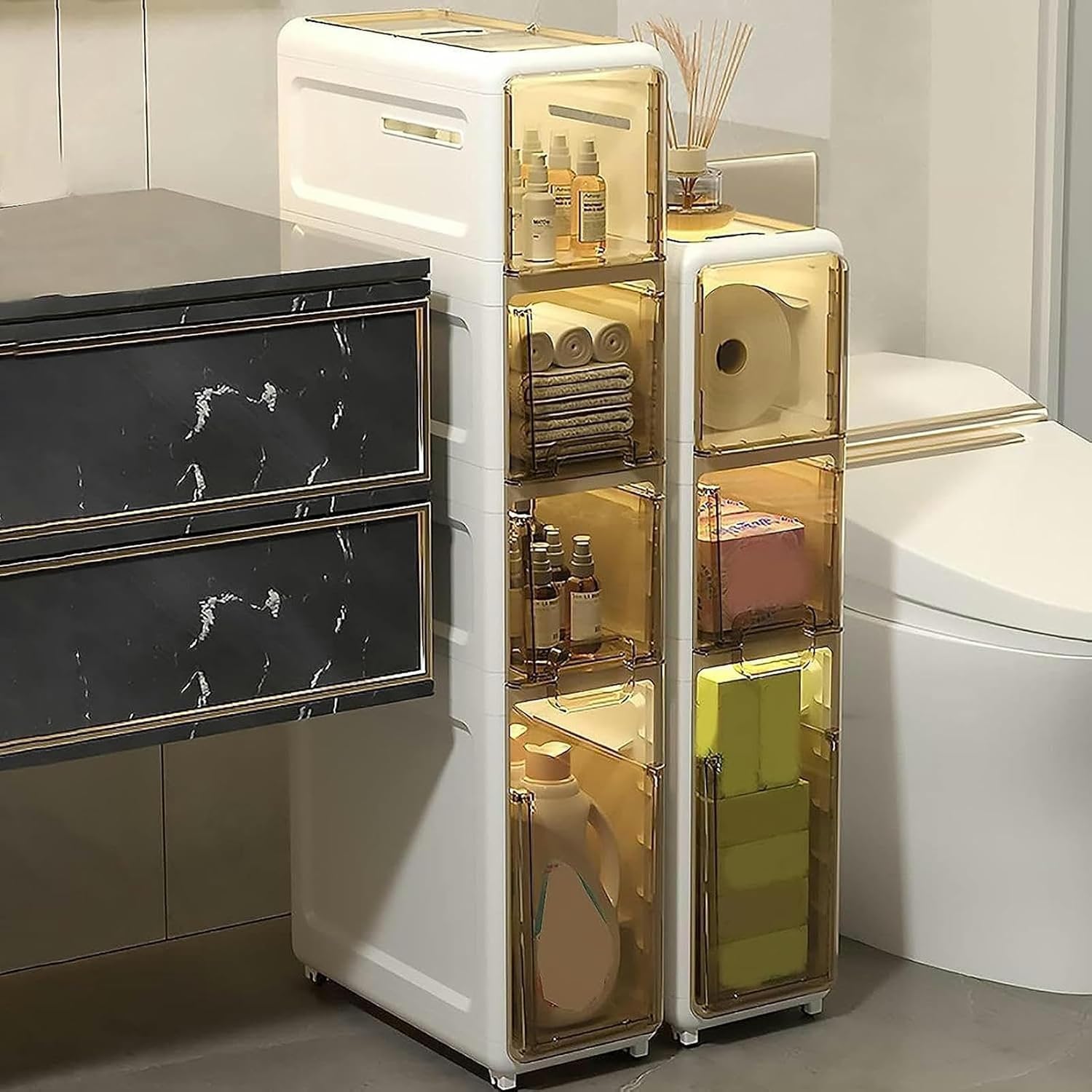 Stackable Storage Drawers On Wheels Tall Narrow Bathroom Corner Cabinet With Clear Large Capacity Cosmetic Organizer(3 Tier)