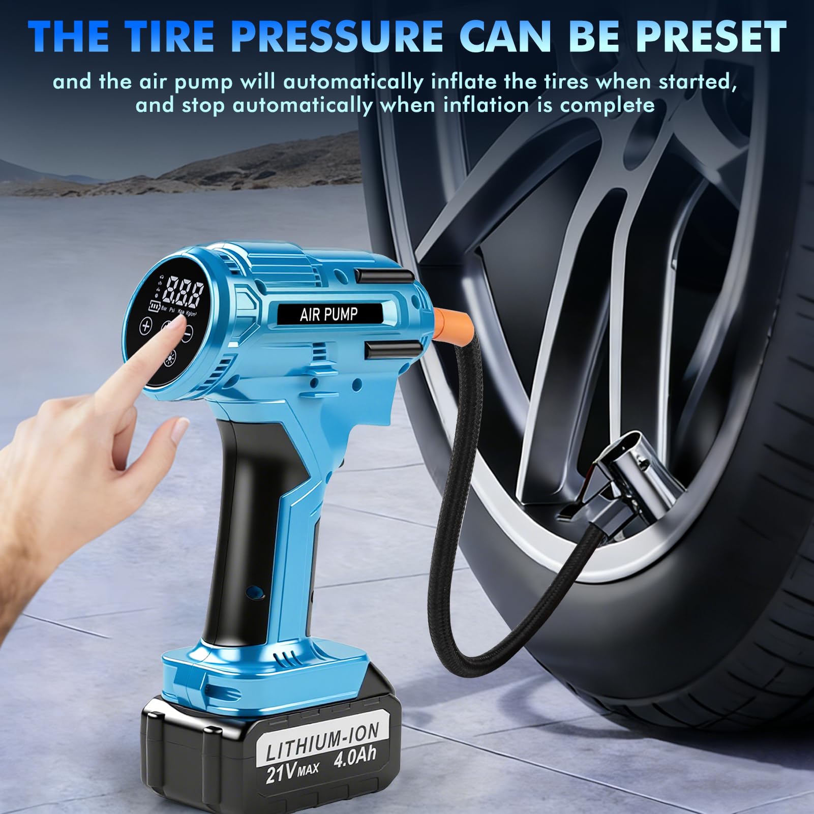 Compressore Portatile per Auto 150PSI, 800W Potente Compressore a Batteria 21V 4,0Ah, Valori Preimpostati, Luce LED & Display LED, per Auto Moto Biciclette Monopattini o Palloni