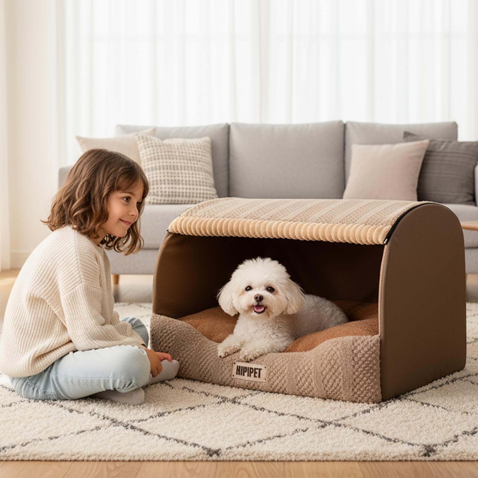 Galatée Katzenhaus, Süßes Hundebett, Faltbares Weiches Katzenhöhlenbett Mit Abnehmbarem Kissen, Haustiernest Mit Rutschfester Unterseite, Bequemes Hundezelt(M, Hellbraun)