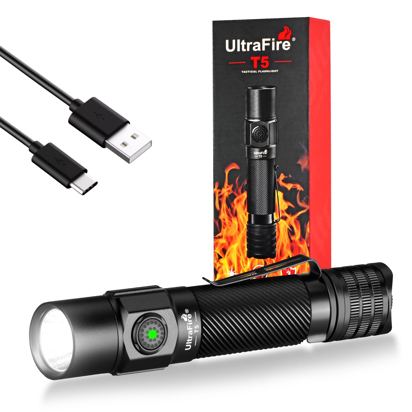 ULTRAFIRE Lampe torche tactique T5 avec batterie, 1800 lumens haute luminosité, lampe de poche de police avec double interrupteur, petite lampe de poche USB-C pour activités extérieures et intérieures