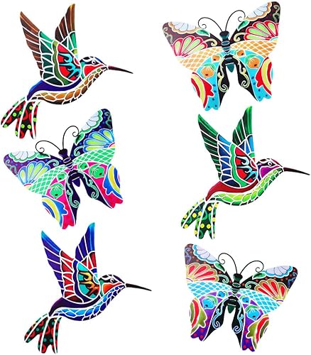 dreamskip Paquete de 6 decoraciones de pared de colibrí y mariposa de metal, arte de pared de metal mexicano para exteriores, decoración de pared de
