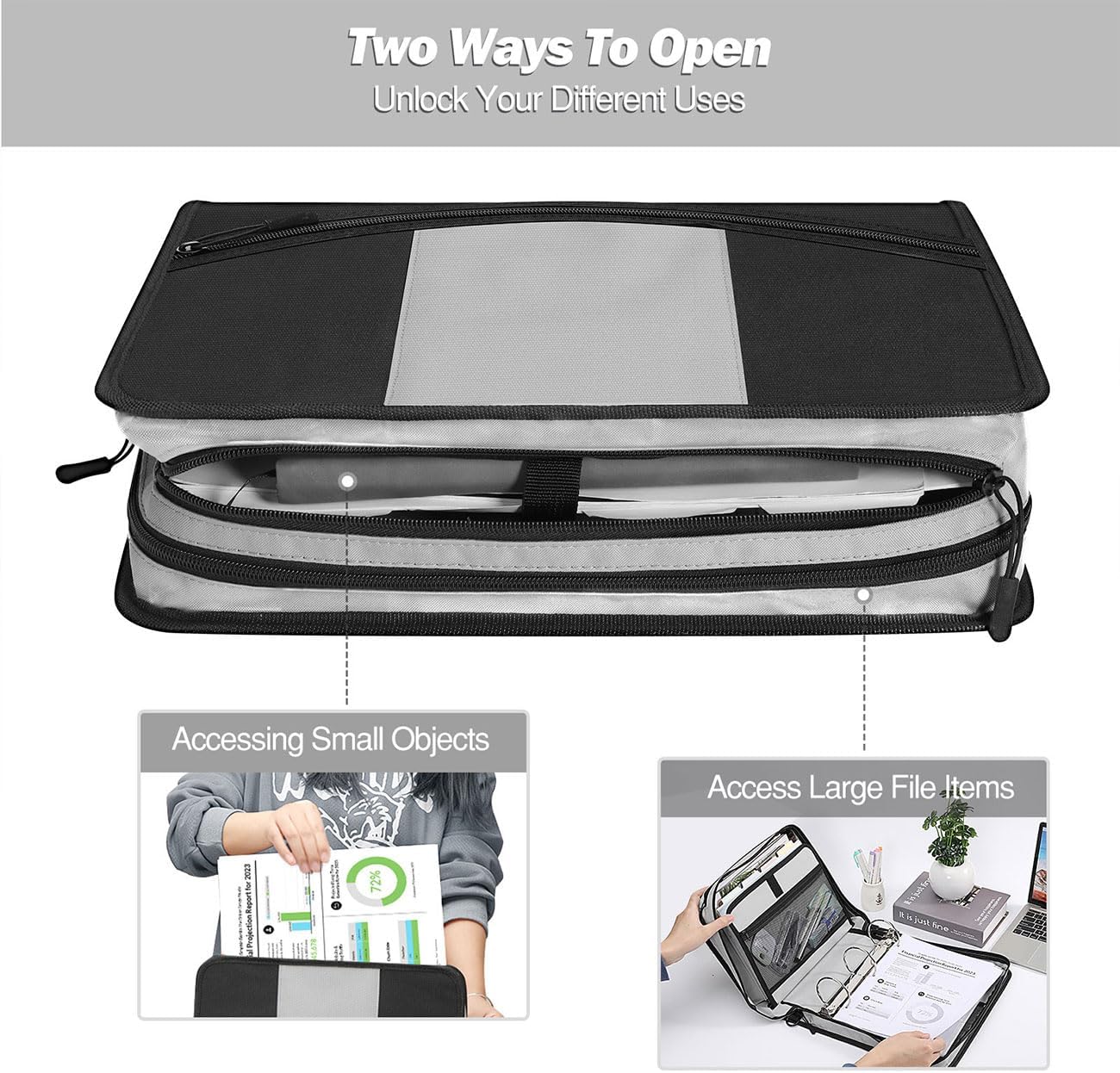 MoKo Zipper Binder, 3-Inch 3 Rings Binder with Zipper, 600 Sheet Capacity Multi-Pocket School Bag Organizer, Handle and Shoulder Strap Included, Black & Gray