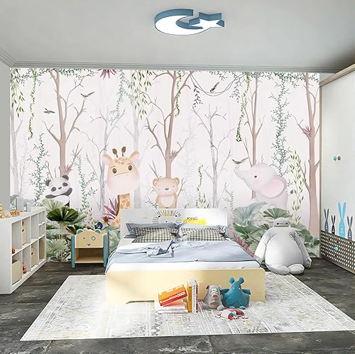 Papel tapiz de árbol para niños, lindos animales, plantas, pájaros, decoración de pared para guardería, habitación de niños y niñas (no se puede