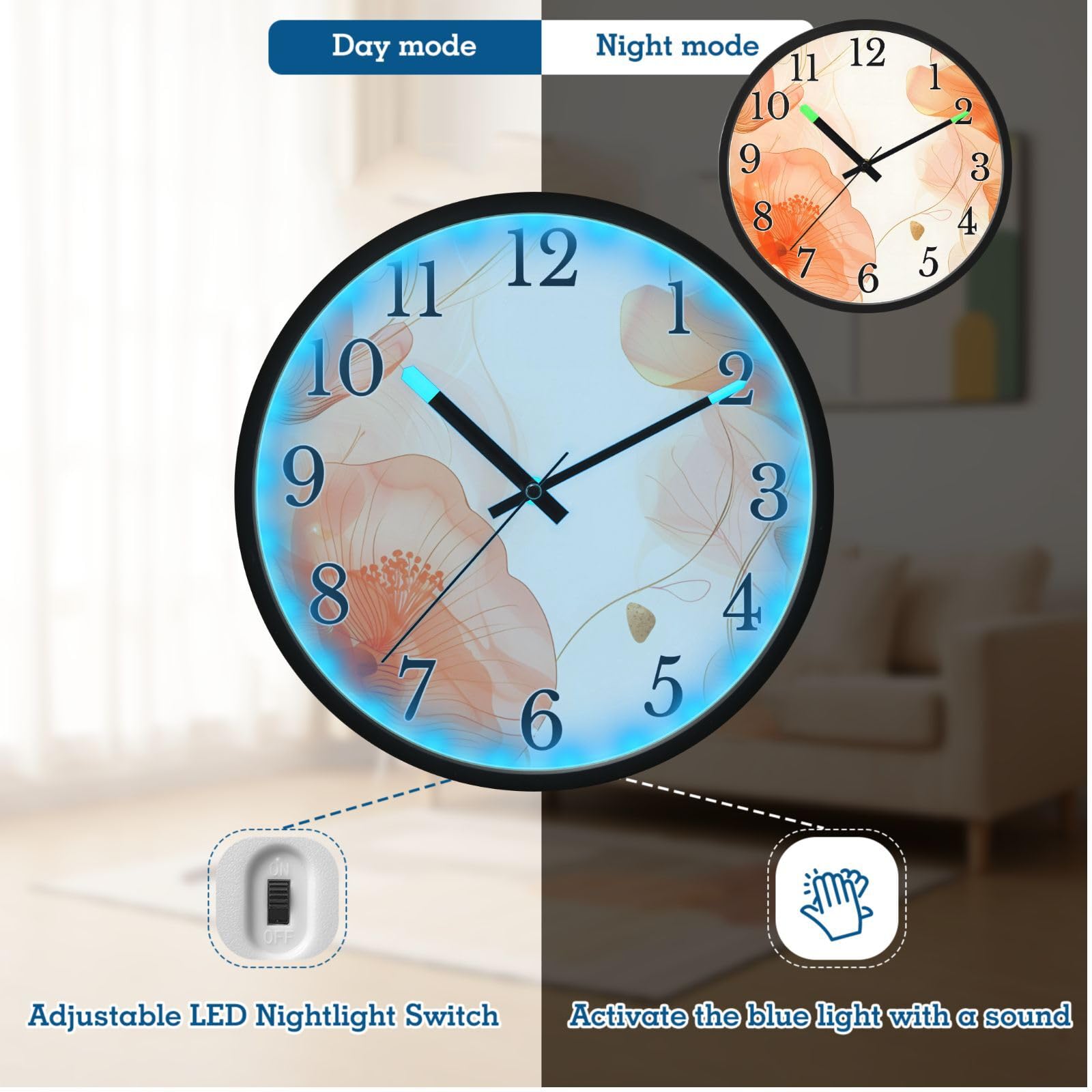 Mnsruu Reloj de pared luminoso naranja con copias de flores, hojas de plantas, reloj de dormitorio, funciona con pilas, reloj silencioso que brilla en la oscuridad, para sala de estar, cocina, 12