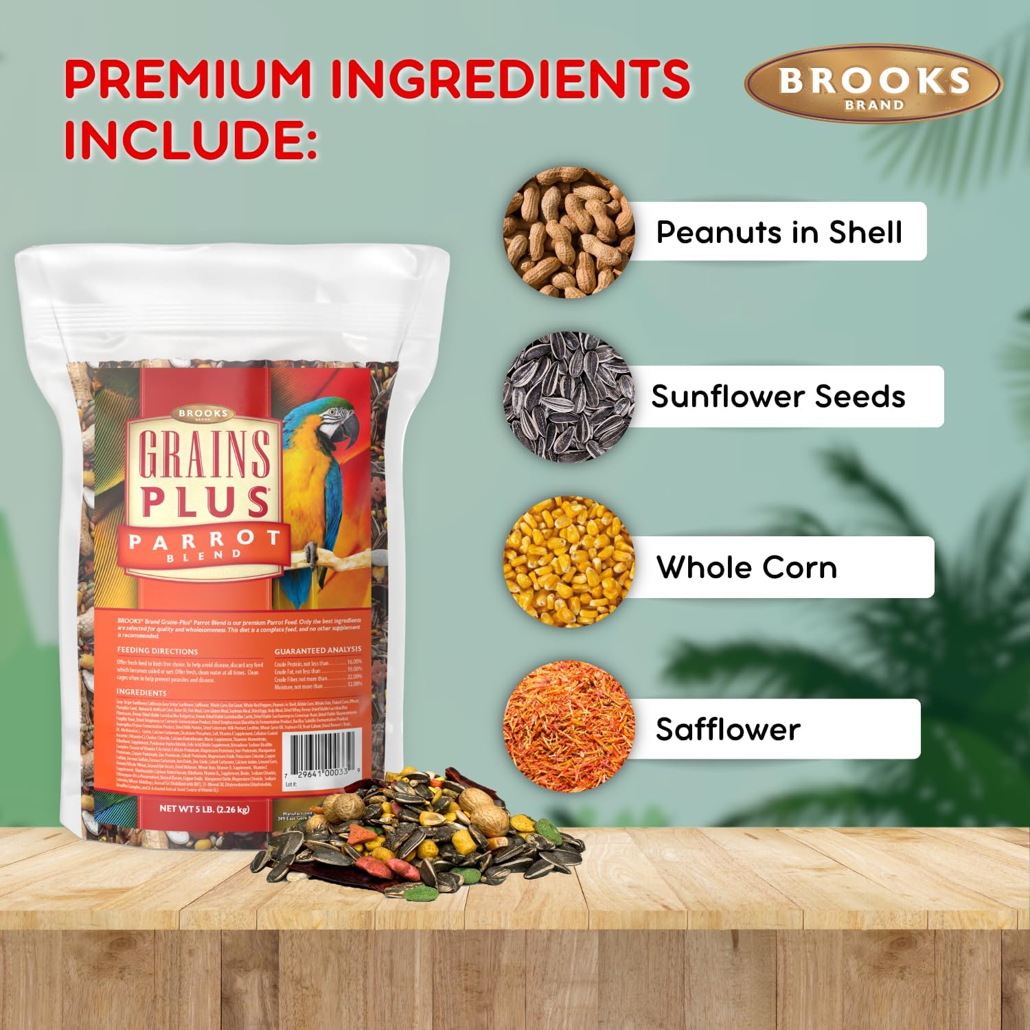 Brooks Brand Grains Plus Parrot Blend, Bird Food Parrot Seed Mix, African Grey Food, Eclectus, Indian Ringneck, Quaker (5 lbs)