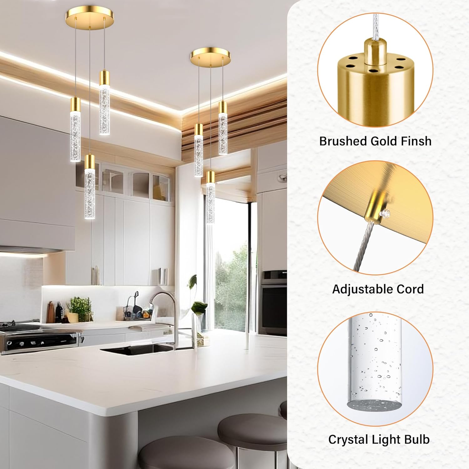 Pendant Lights Kitchen Island 3-Light, 6500K Modern Kitchen Island Lights Ceiling Lighting Fixtures with Crystal Bubble, Integrated LED Cold White Hanging Light Dining Room Light Brushed Gold