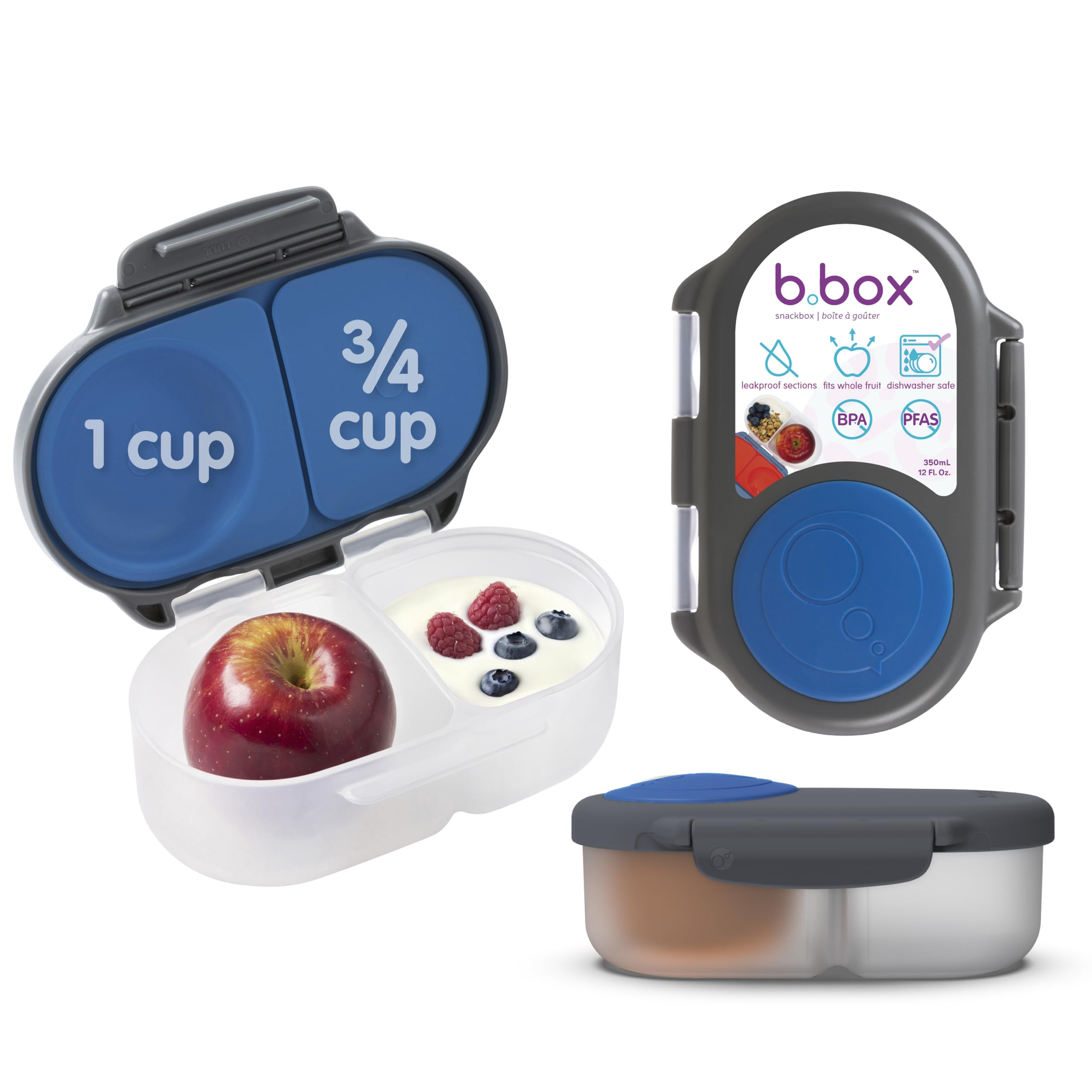 Snack Box - Leakproof Mini Bento Box for Kids & Toddlers, 2 Compartment Snack Containers for Kids, Lunch Containers, Dishwasher Safe, BPA Free, PFAS Free, Ages 4m+, 1 3/4 Cup - Blue Slate