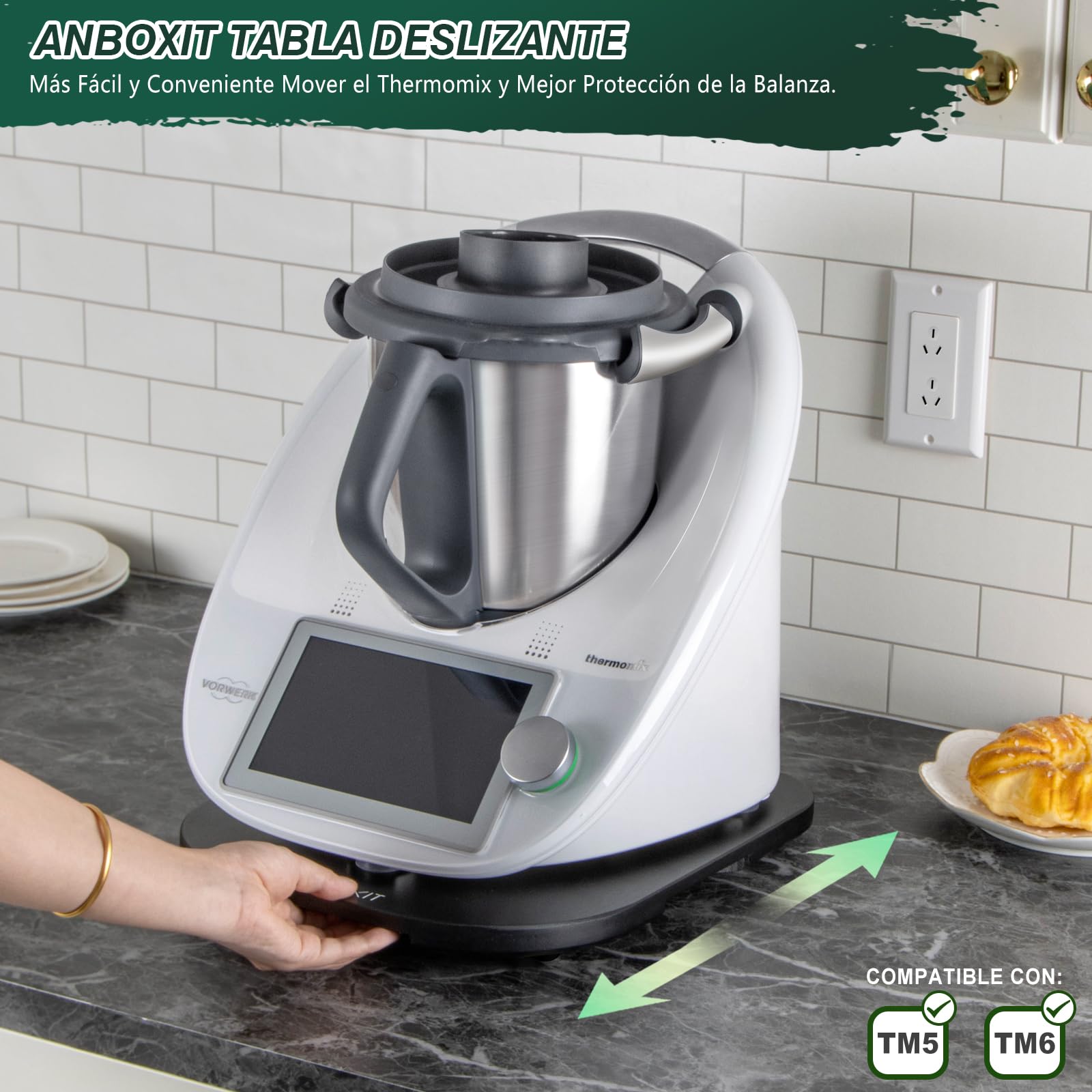 ANBOXIT Tabla Deslizante para Thermomix TM6/TM5, Base para Thermomix con Ruedas, Soporte para Bimby,de Bambú - Negro