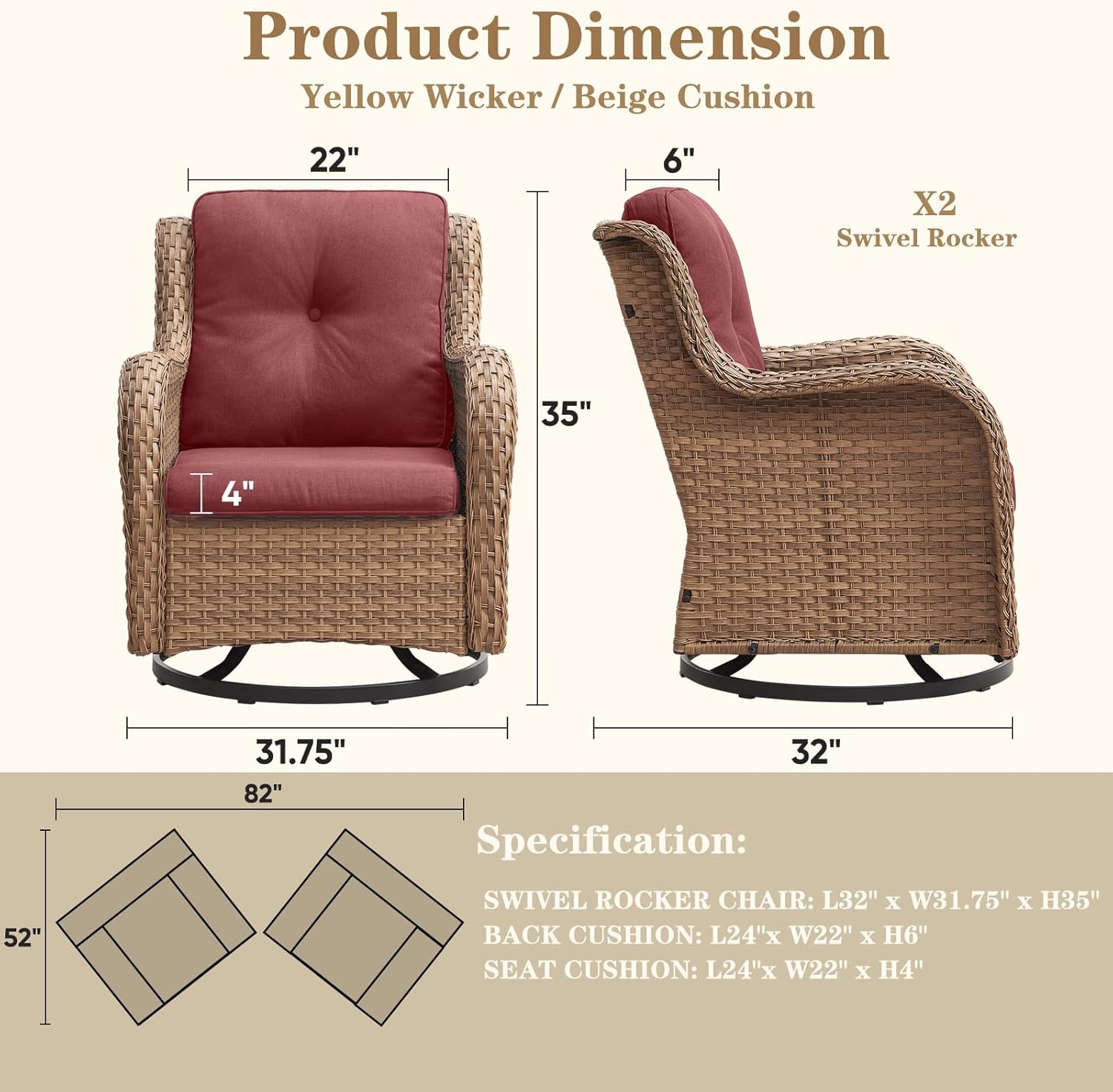 Wicker Swivel Patio Chairs - 2 PCS Outdoor Swivel Rocker Armchairs, Patio Glider Seating with High Back Deep Seat for Porch Deck Balcony - Yellow Wicker Red Cushion