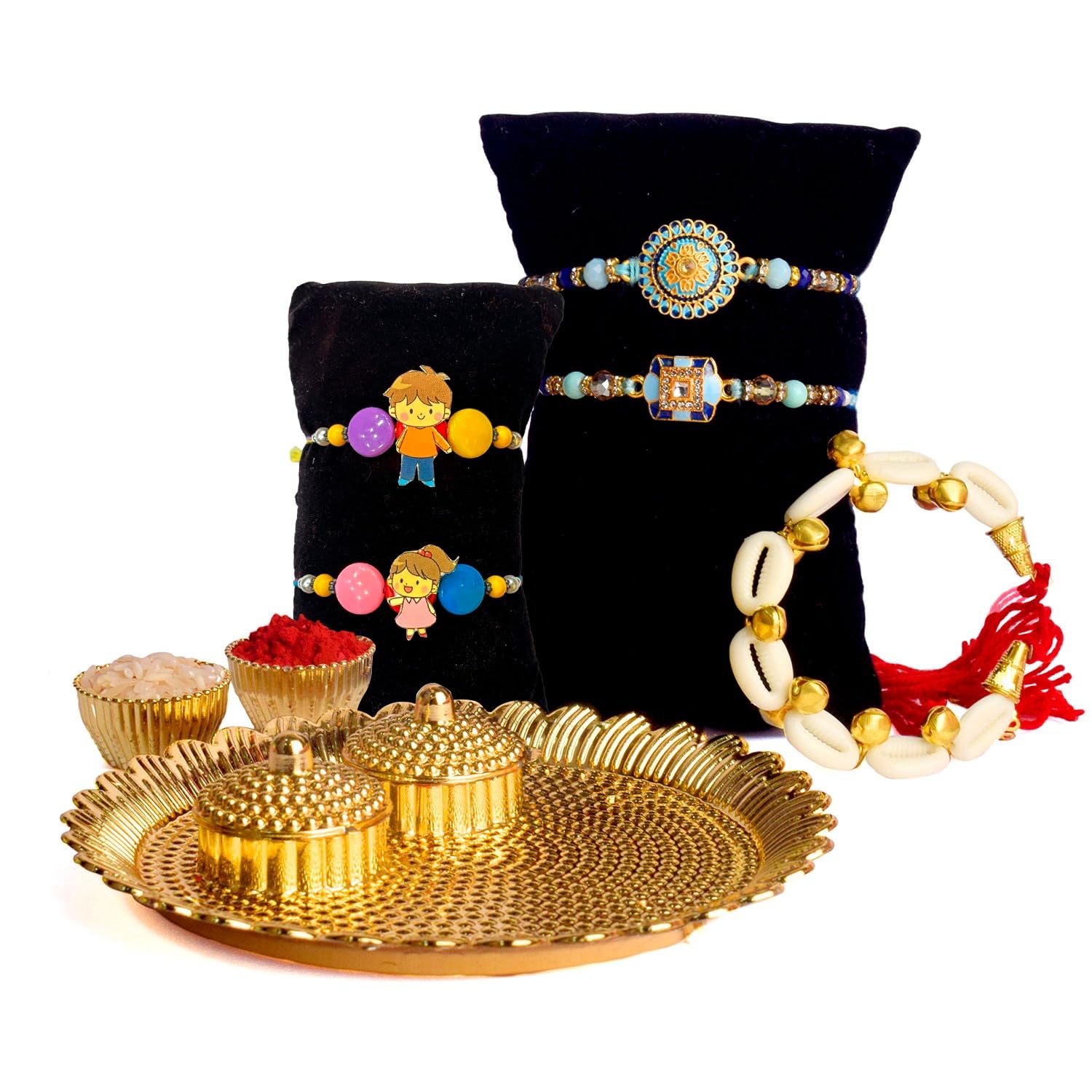 SATVIK 5 Pc Set of Designer Rakhi for Brother Bhaiya & Bhabhi Family Set with Lumba Loomba Rakhi for Bhai with Roli Chawal, Soun Sticker & Greeting Card Rakshabandhan Thread Rakhdi Gift Set