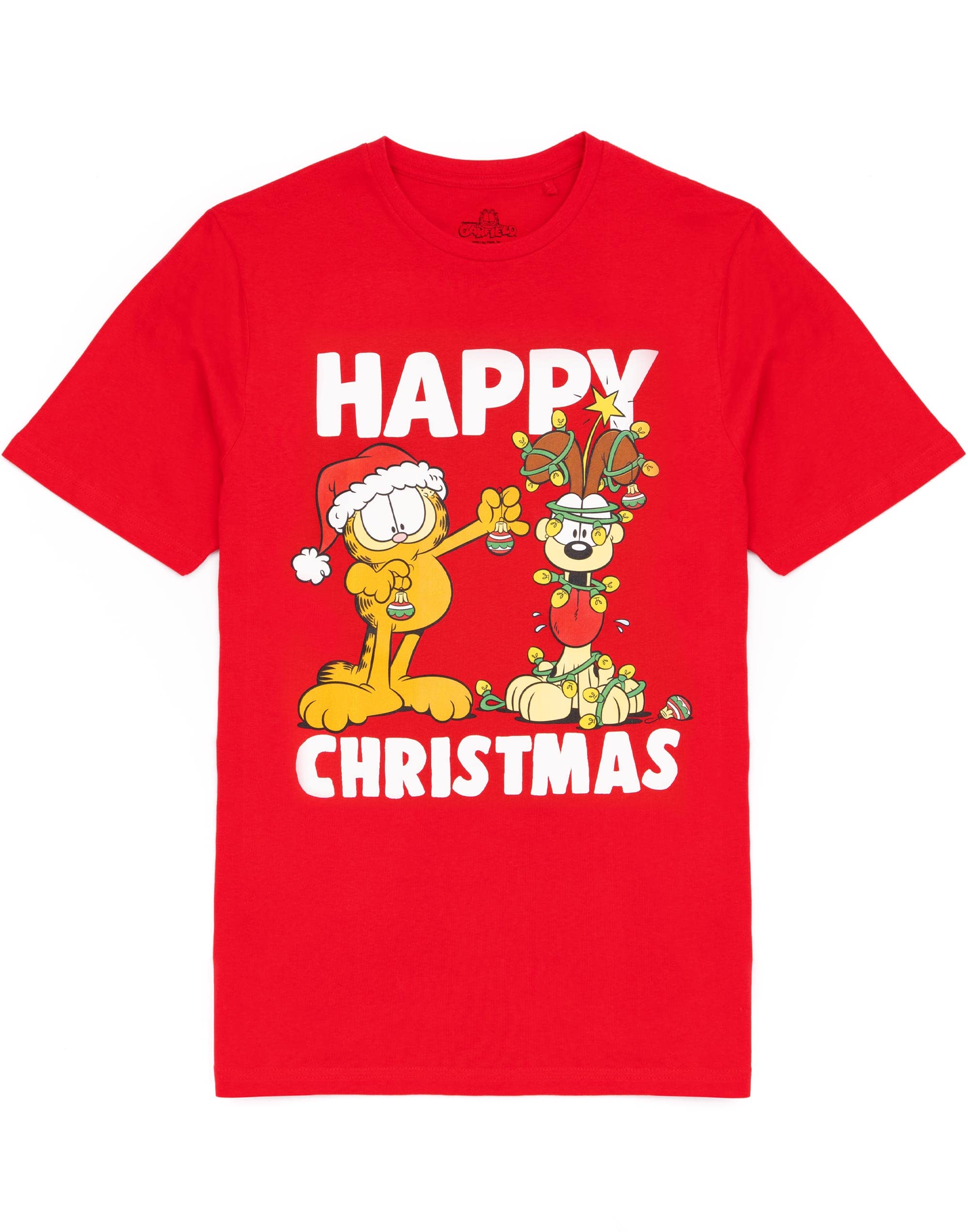 GarfieldChristmas T-Shirt Mens | Adults Red Short Sleeve Festive Top | Movie Comic Strip Xmas Gift for Him