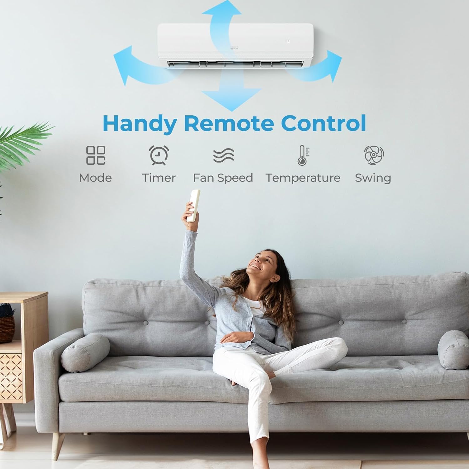 Image showing a person using the handy remote control for the COSTWAY mini split AC system, with icons for Mode, Timer, Fan Speed, Temperature, and Swing.
