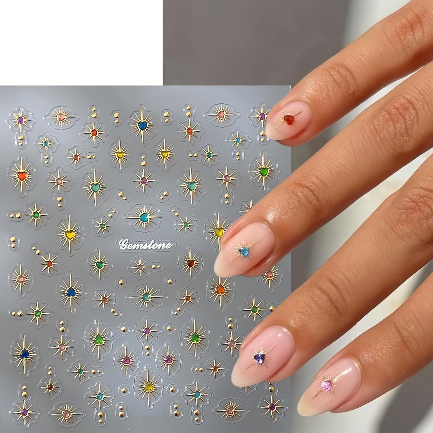2 Sheets Star Nail Stickers for Nail Art Gold Nail Decals Colorful Heart Star Nail Stickers with Rhinestone Design Metal Star Nail Art Manicure Decoration Accessories for Women image 4
