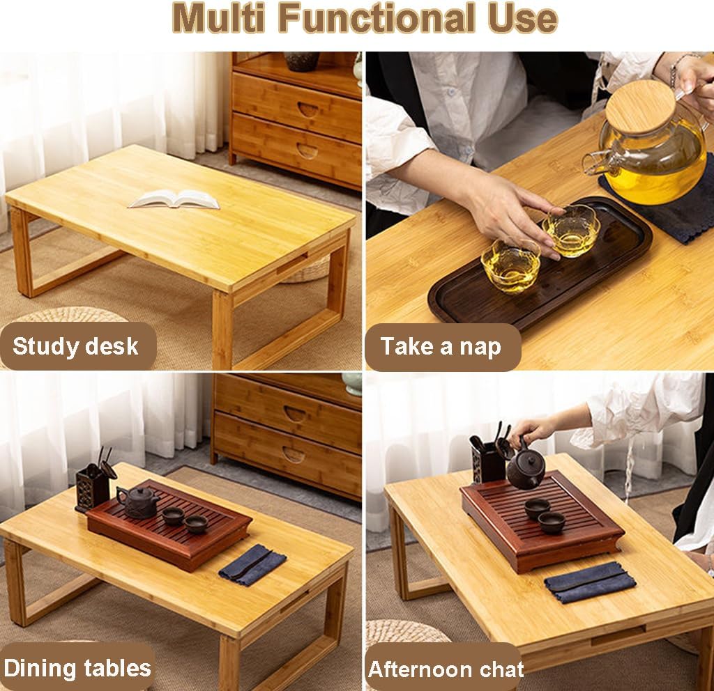 Portable Rectangle Foldable Coffee Table - Japanese Low Bamboo Table for Sitting on Floor, Dining, Tatami - Living Room Bedroom Meditation (23.6*15.7*10.2in)