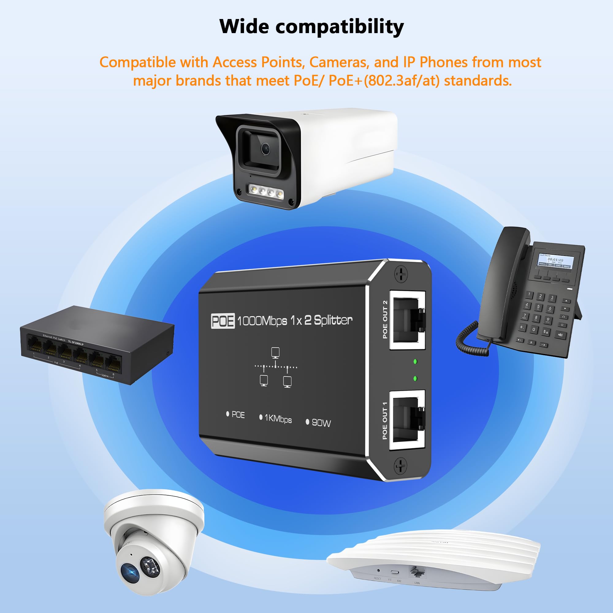 Répartiteur PoE, commutateur PoE Gigabit 2 ports, hub réseau 1 entrée 2 sorties, prend en charge les normes IEEE 802.3at/af (POE+/POE), alimentation par Ethernet, double répartiteur RJ45 pour câble