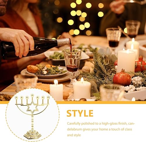 Miniatura 2 de IMIKEYA Portavelas Menorah de 7 ramas, portavelas de menorá de oro judío con estrella de David Menorah Candelabro Hanukkah Candelabro Jewish Israel