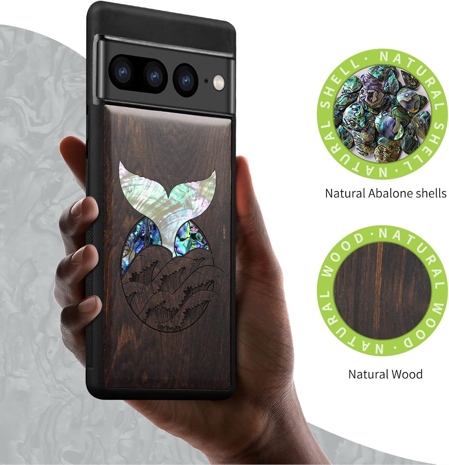 Carveit Designer Wooden Case for Google Pixel 7 Pro Case [Wood Engraving & Shell Inlay] Unique Wood Cover Compatible with Wireless Chargers Pixel 7 Pro (Whale Tail-Blackwood)