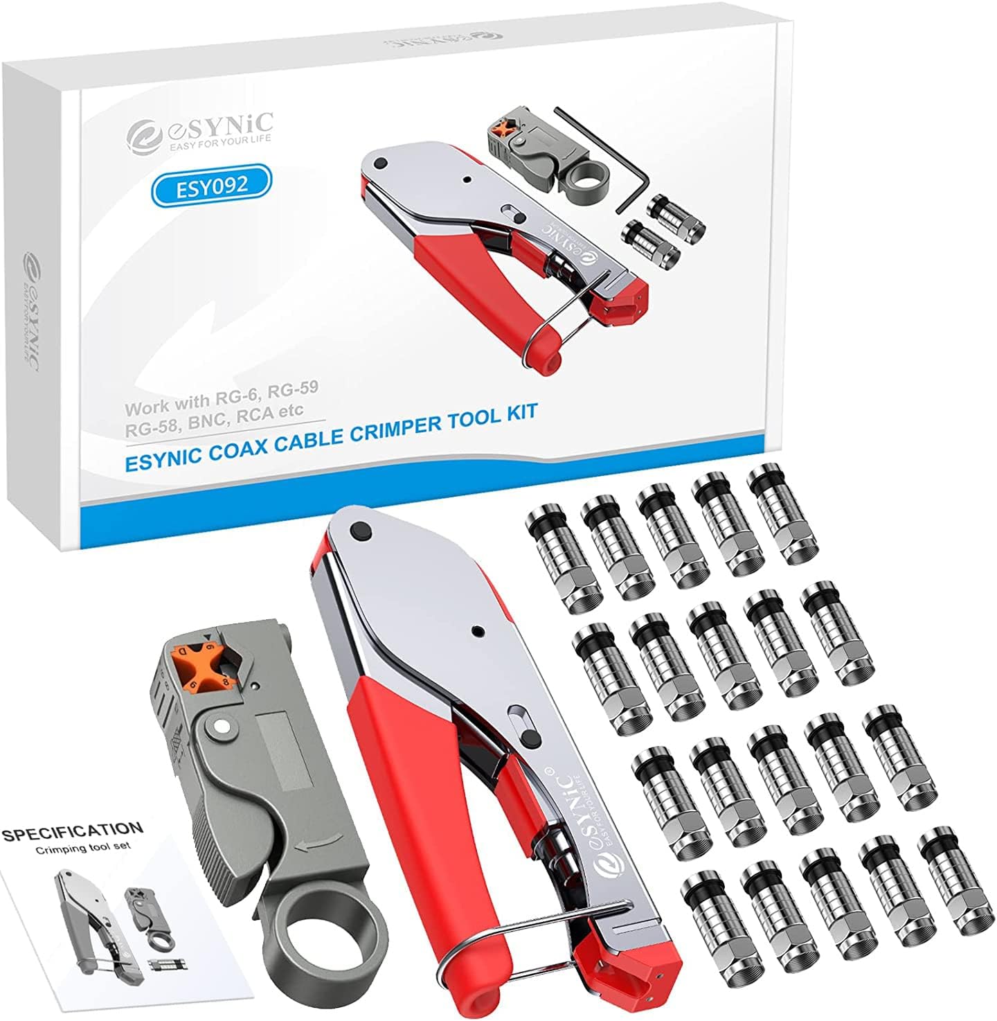 Coaxial Cable Crimper,eSynic Professional Coax Crimping Tool Coax Cable Crimper Tool Kit F Connector Compression Tool for RG6 Coax Tools with 20pcs Crimp Connectors and Rotary Coaxial Cable Cutter