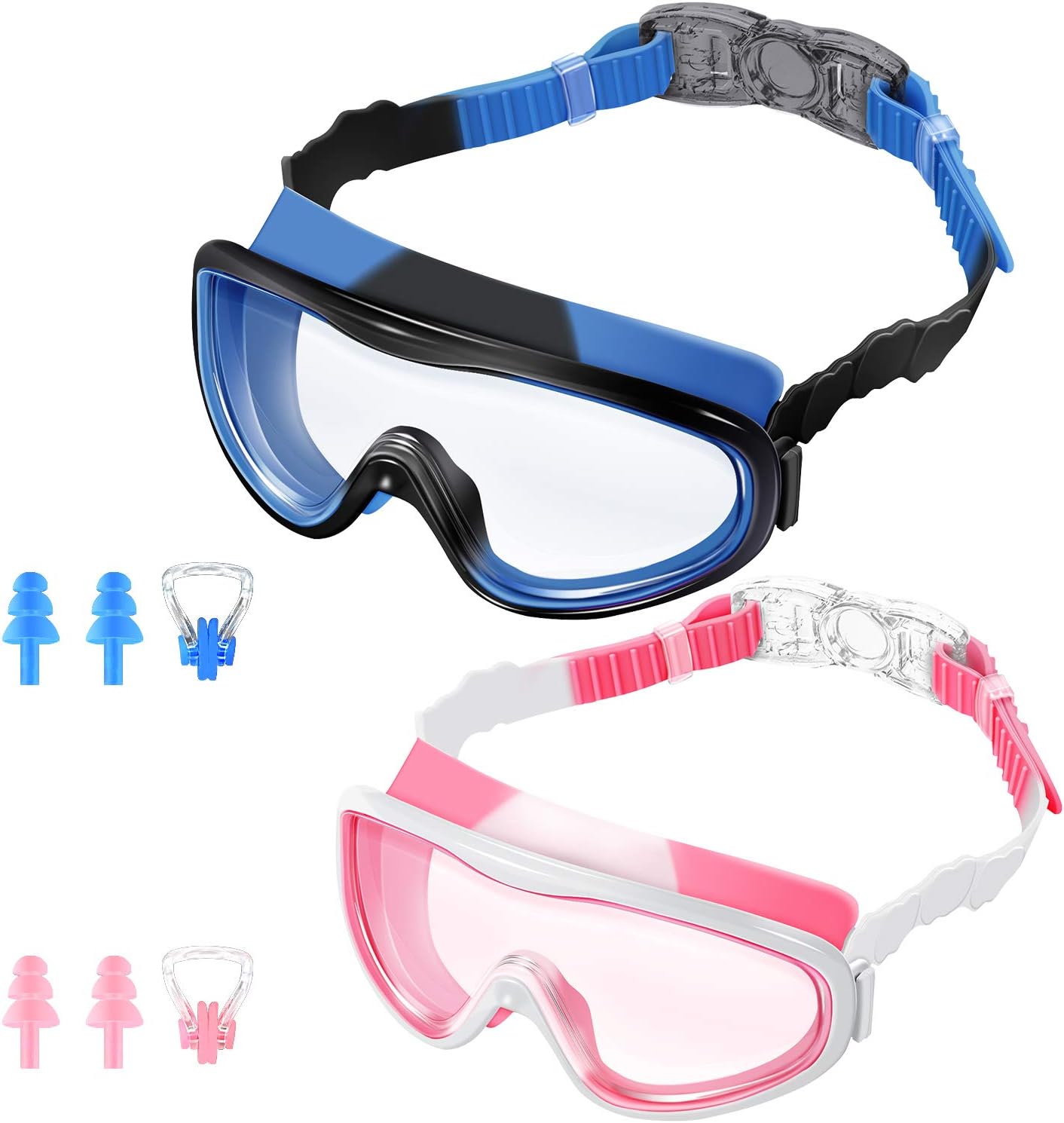 KNGUVTH Kids Swim Goggles, Pack of 2 No Leaking Swimming Goggles Anti-Fog UV Protection Crystal Clear Wide Vision Swim Glasses with Nose Clips + Ear Plugs for Children Early Teens (Special Color)