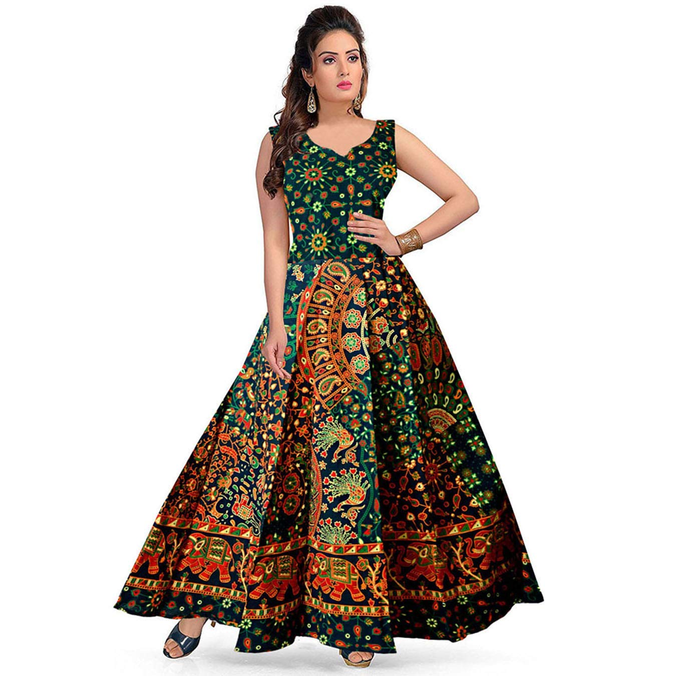 new kanishka boutique Women Fit and Flare Fabric Printed A-Line Maxi Midi Western Long Gown jaipuri printed jaipuri dress-picture-15