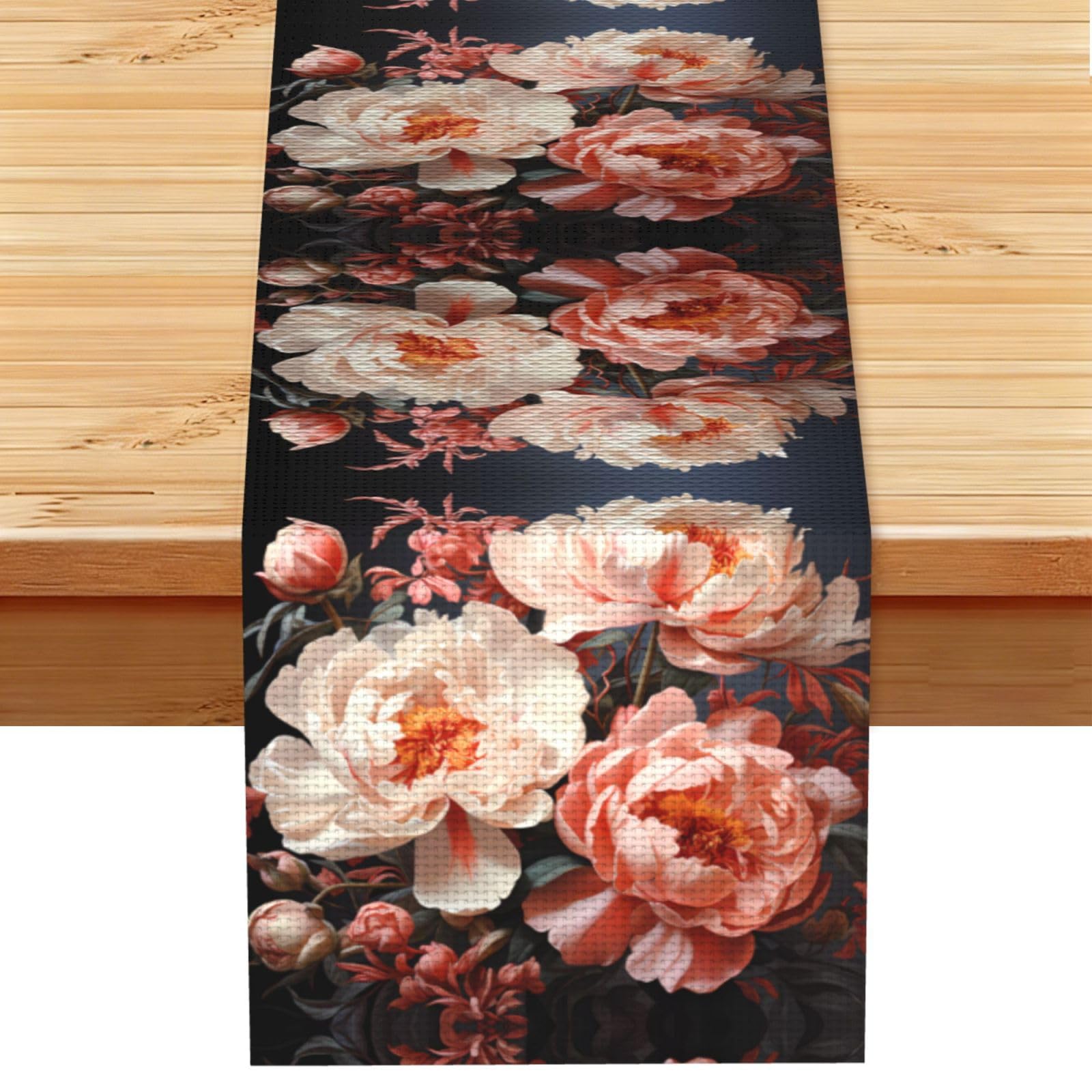 Bright white peonies Linen Feel Table Runner Wedding Party Home Decoration