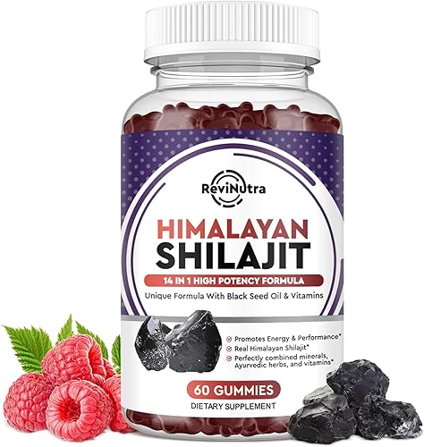 Shilajit Gummies - Suplemento Shilajit orgánico del Himalaya Complejo 14 en 1 con aceite de semilla negra y mezcla de hierbas ayurvédicas, ácido