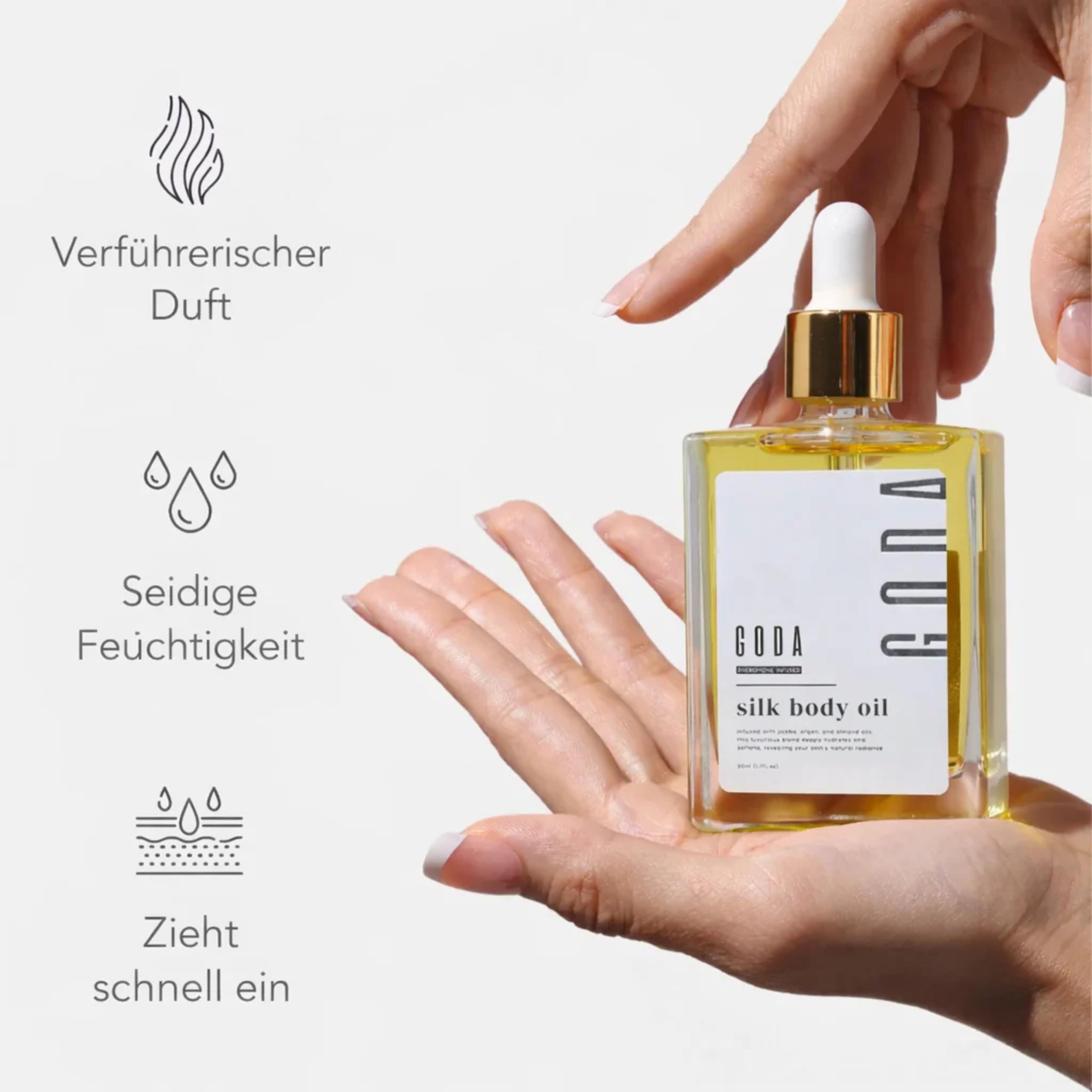 GODA Silk Body Oil 50 ml – Körperöl mit Jojoba Argan Mandelöl – Schnell einziehende Feuchtigkeitspflege für weiche Haut – Glow Effekt Hautpflege für Damen & Herren – Nicht fettend luxuriös pflegend