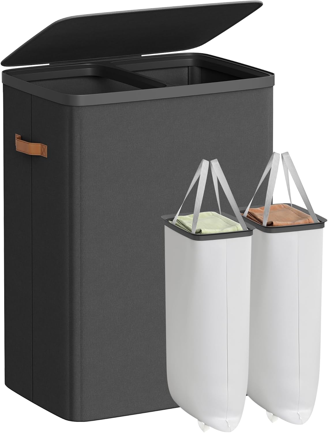 SONGMICS Laundry Basket, 44.9 Gal. Laundry Hamper, 2 Compartments, Easy Assembly, with Lid and Handles, Removable Liners, 22 x 15.7 x 29.5 Inches, Ink Black ULCB813B01 170 L (2-Section) Ink Black