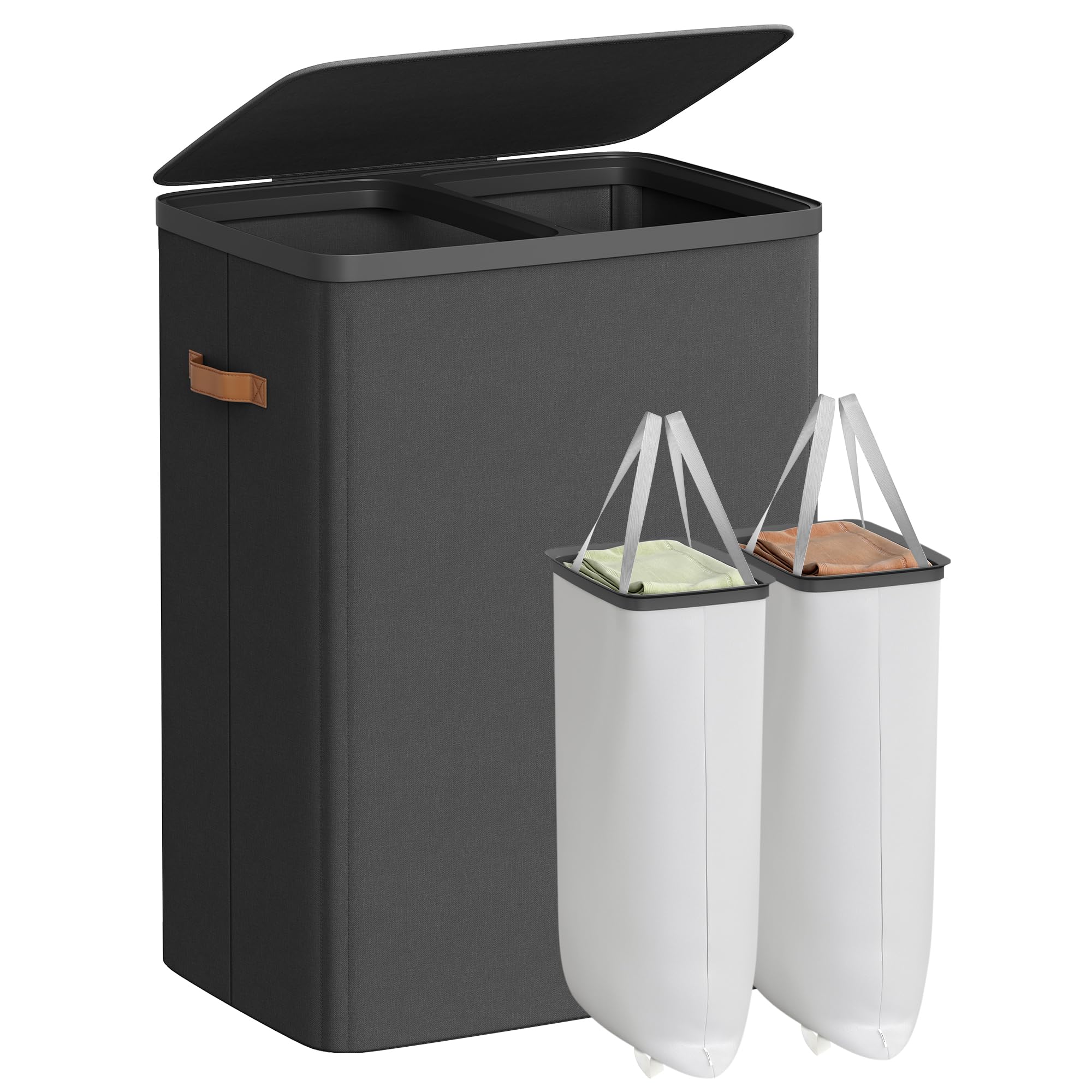 SONGMICS Laundry Basket, 170 L Dual Compartment Laundry Hamper, with Lid and Handles, Removable Liners, Easy Assembly, 56 x 40 x 75 cm, Ink Black LCB813B01