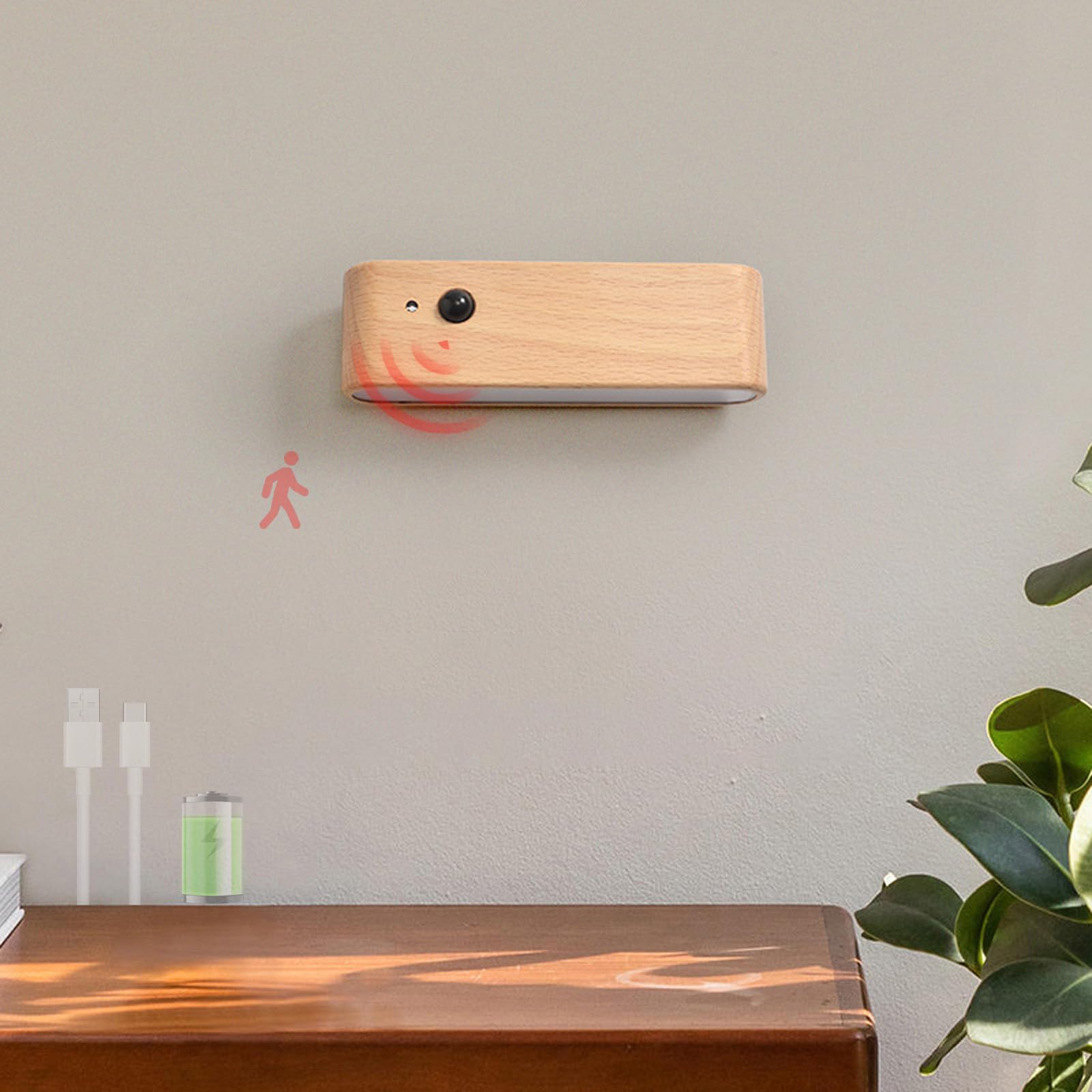 Lámpara de pared con sensor de movimiento interior LED aplique de madera recargable USB 360° 8