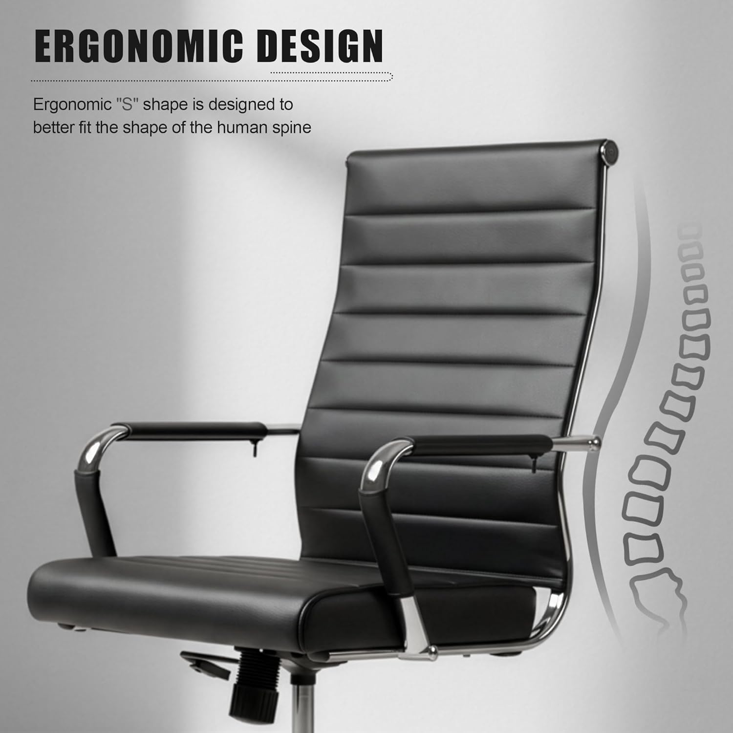 Okeysen Office Desk Chair, Ergonomic Leather Modern Conference Room Chairs, Executive Ribbed Height Adjustable Swivel Rolling Chair for Home Office. (Black)