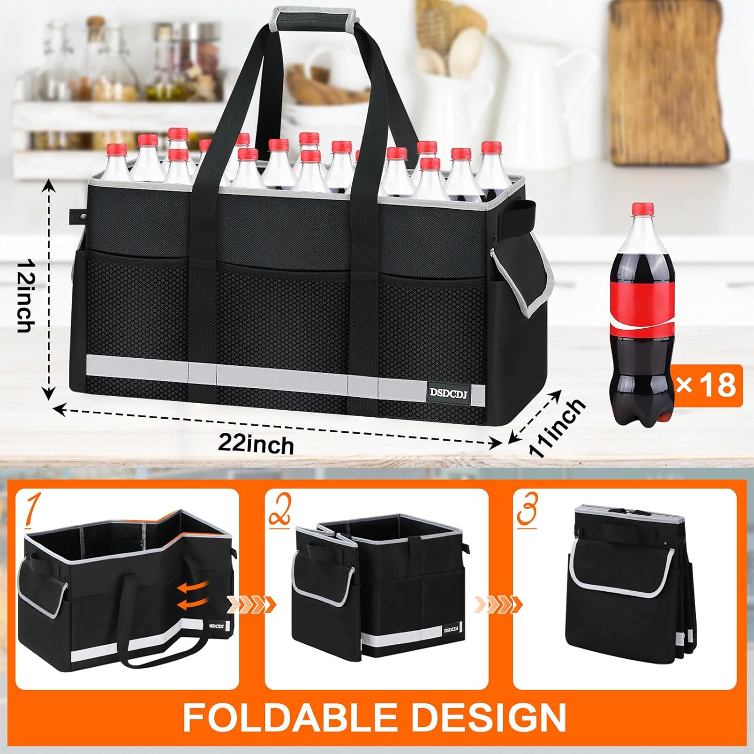 Upgrade Extra Large Utility Tote Bag with Reflective Strip, Standing Reusable Grocery Bags with Hard Bottom & 4 Sided Reinforced, Collapsible Utility Tote with Handles for Shopping, Beach, Car | Standing - Image 5