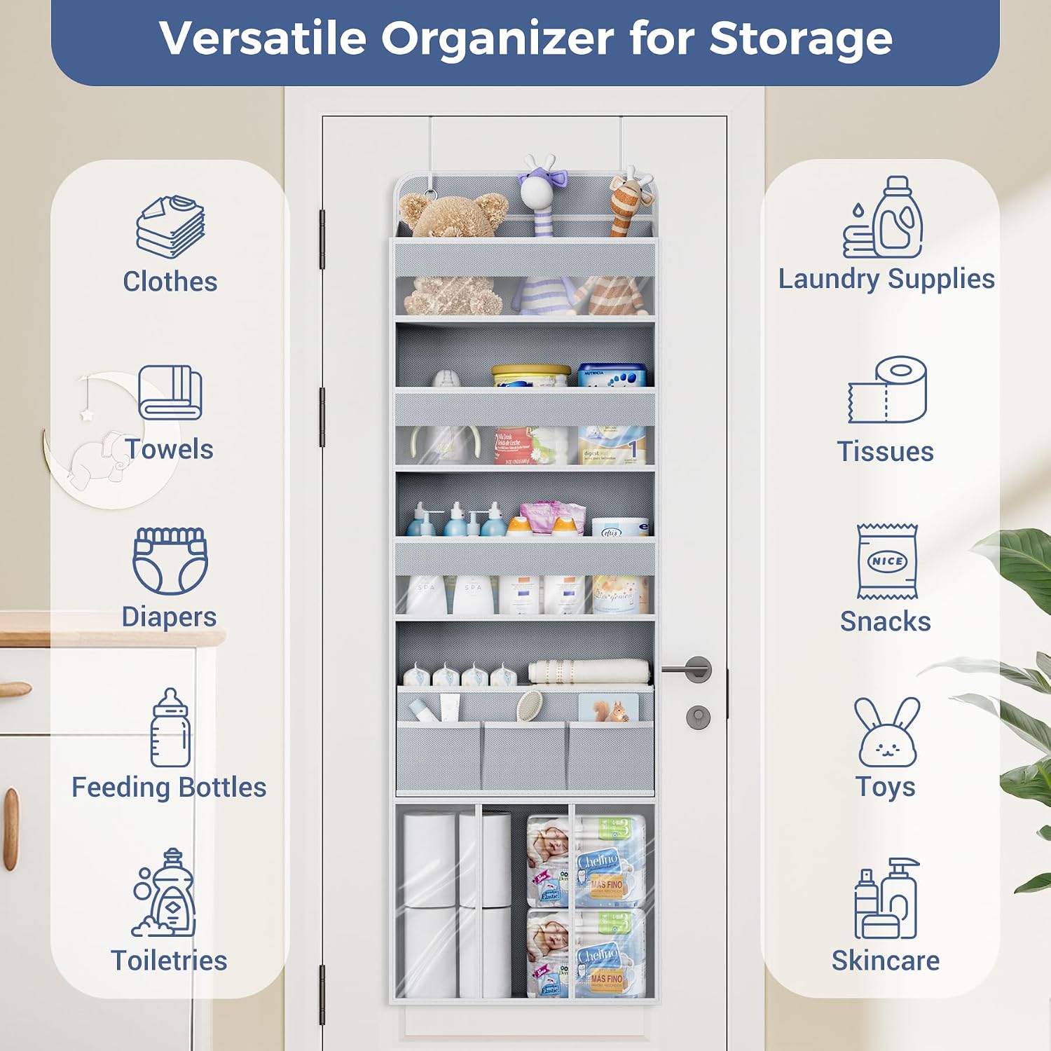 COOLBEBE Over the Door Organizer, 5-Shelf Hanging Storage with 2 Metal Hooks, Heavy Duty Door Organizer with Clear Windows & Movable Caddy for Nursery Bathroom Bedroom Closet, Grey
