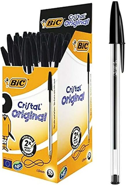 BIC Cristal ORIGINAL Medium Daily BALLPOINT PENS Biros 1.0 mm Everyday Essay Writing Home School Office Stationery Supplies Clear Barrel 4 Colours BLACK RED BLUE GREEN RGB Stick Pen (BLACK, 5 X PENS)