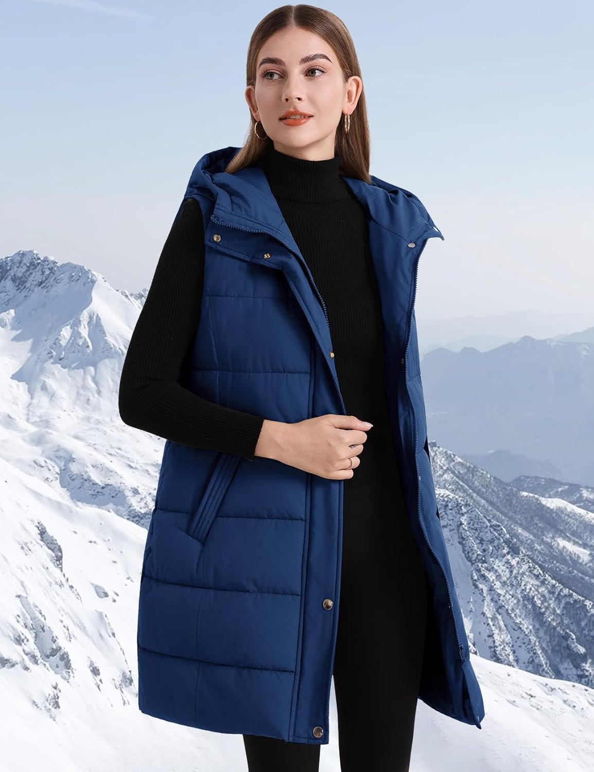 Flygo Long Puffer Vest Women Hooded Sleeveless Winter Jacket Button Zip Up Quilted Vest Padded Outerwear - Image 2