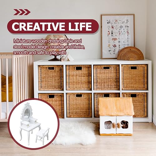 Miniatura 6 de LUOZZY 2 piezas de accesorios de muebles en miniatura escala 112 Mini tocador y taburete modelo conjunto de decoración de casa de muñecas - blanco