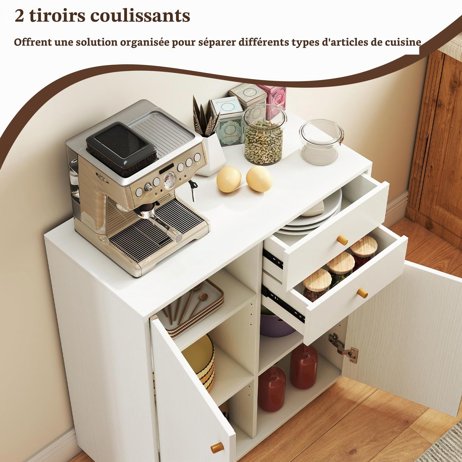 KOMFOTTEU Buffet Bas avec 2 Armoire à Porte, Meuble Rangement, 3 Étagère réglable, Armoire de Cuisine avec Kit Anti-basculement, pour Salon, Salle à Manger, Chambre, 74 x 35 x 85,5 cm (Blanc)