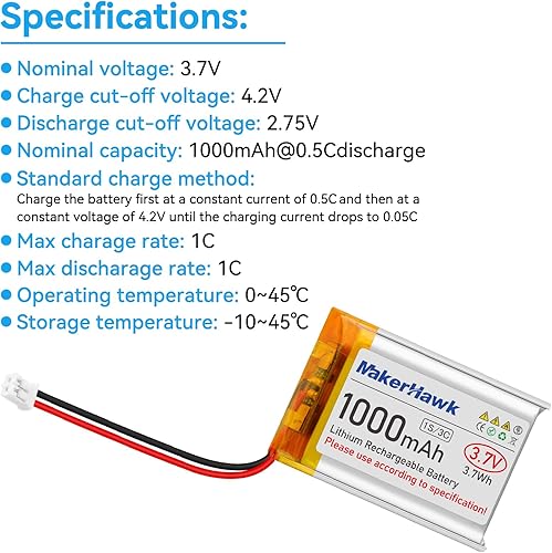 Miniatura 2 de MakerHawk Lipo Battery 803040 - Batería recargable de polímero de litio con conector micro PH1.25, circuito de protección integrado para