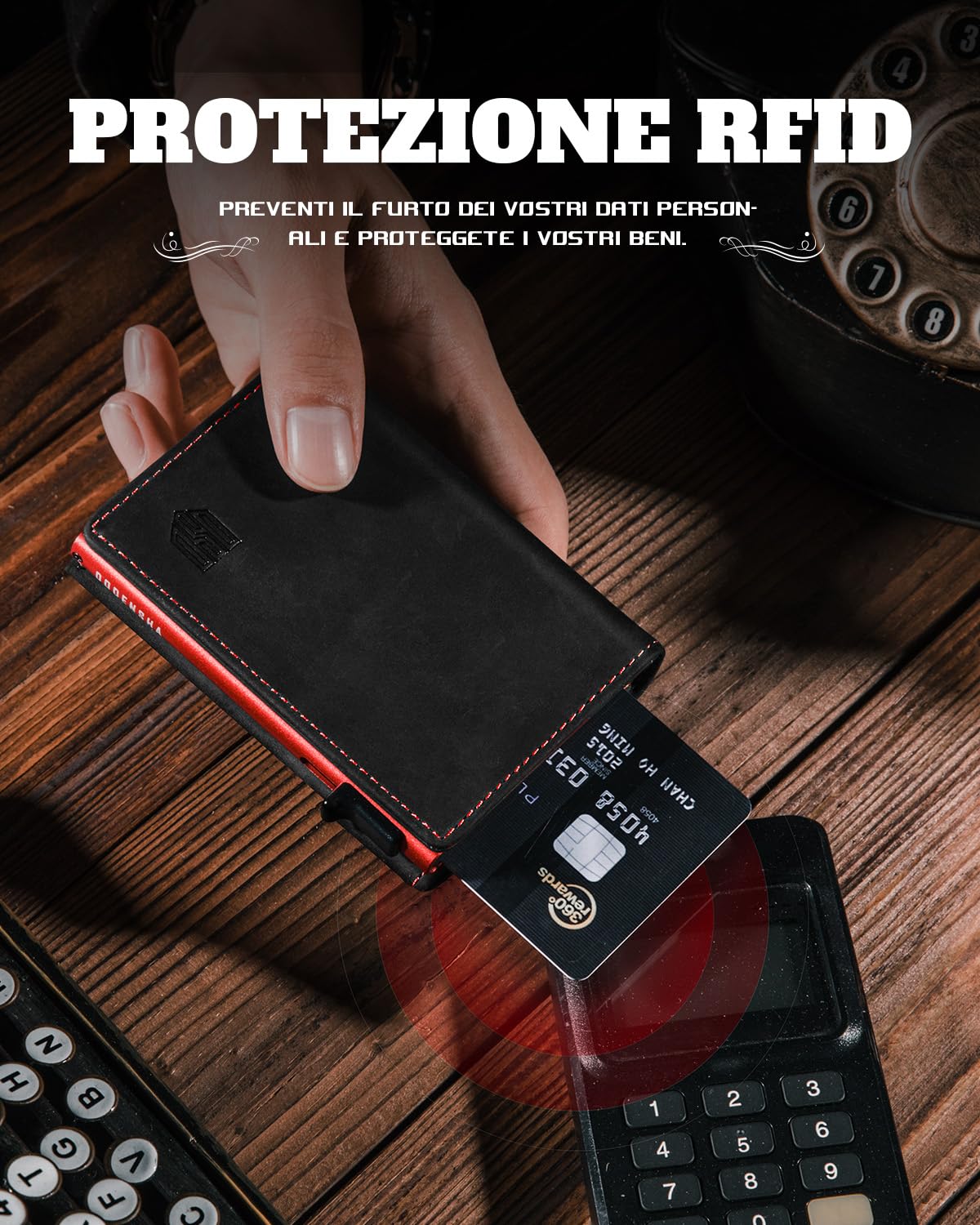 DODENSHA MagSnap Portafoglio da uomo sottile con scomparto per monete, portafogli da uomo per 10 carte di credito, chiusura magnetica, portamonete, protezione RFID (Nero/Rosso)