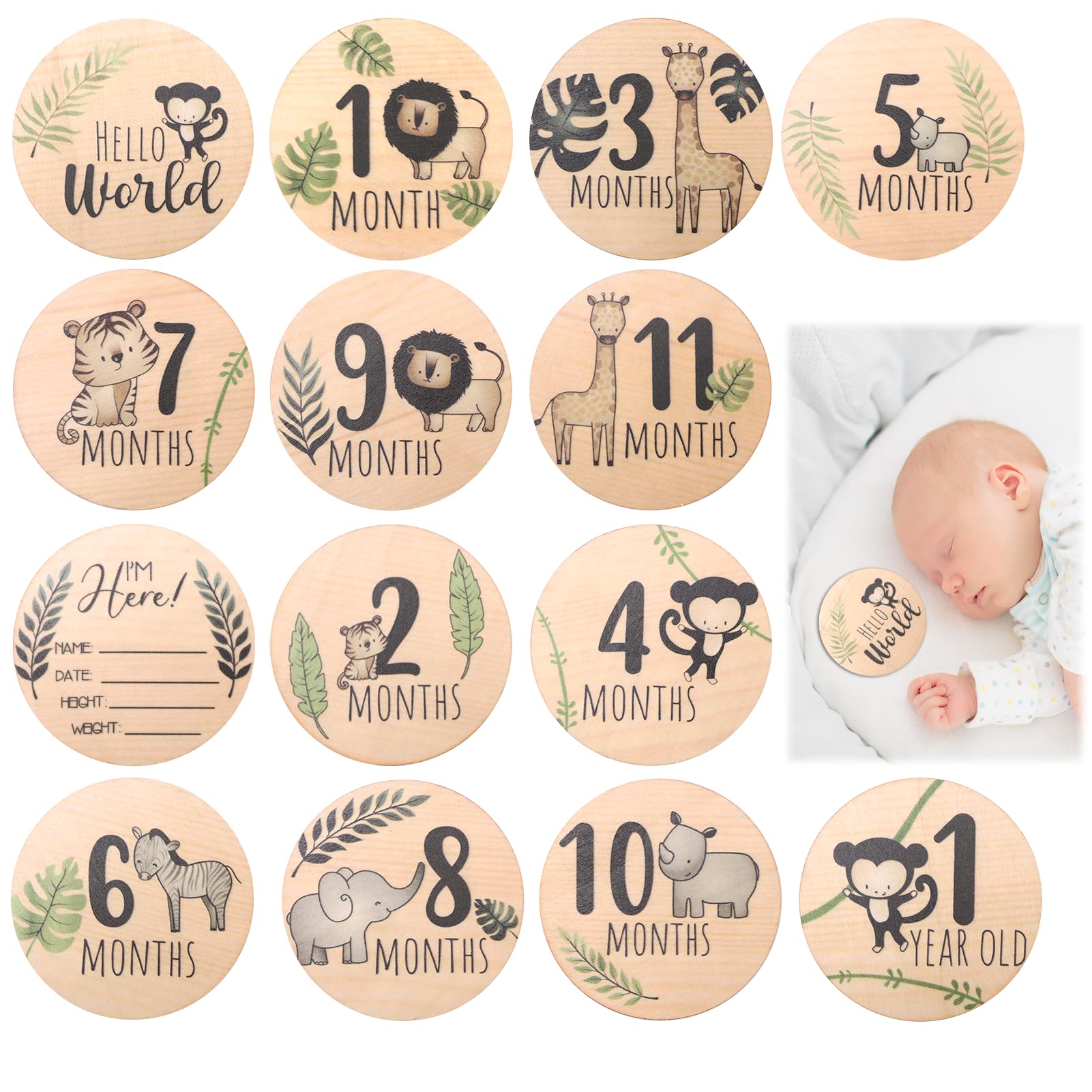 7pcs Baby Monthly Milestone Cards Wooden Baby Double-Sided Announcement Plaque Signs 1-12 Months New Baby Girl Boy Name and Birth Plaques for Baby Shower Growth Record Photo Prop