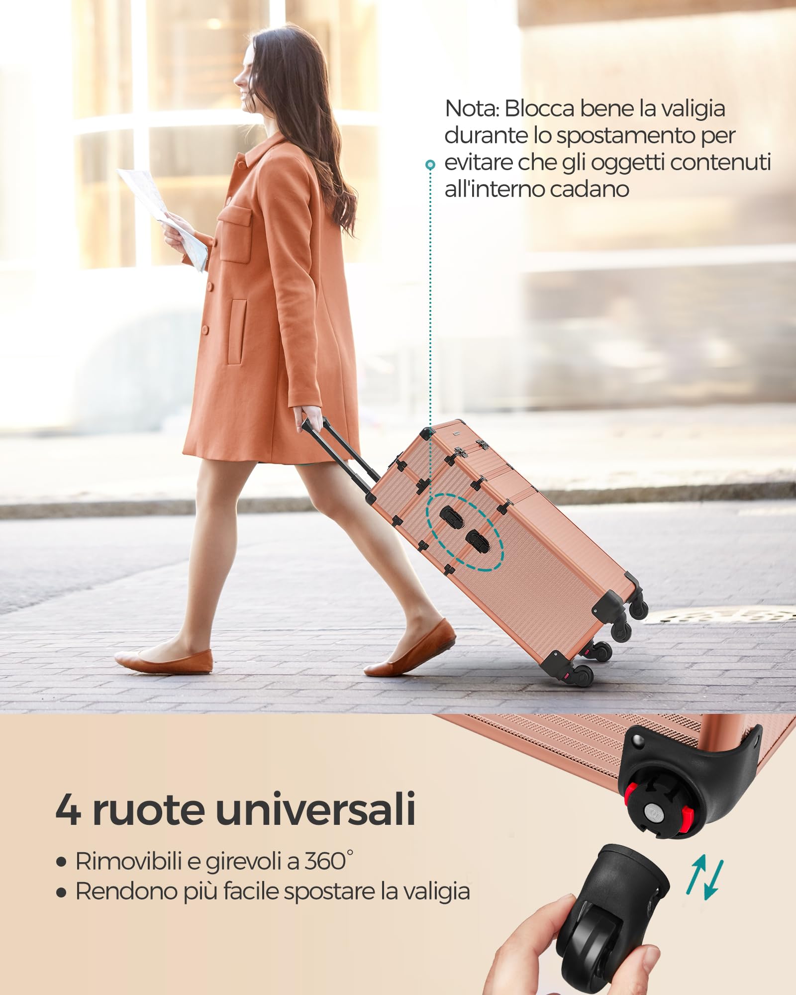 SONGMICS Valigia per il trucco professionale 3 in 1, valigetta cosmetica, bloccabile, ruote a 360°, per viaggi, manicure, truccatore, acconciatura, Oro Champagne, 4-en-1 (79,3H cm), Elegante