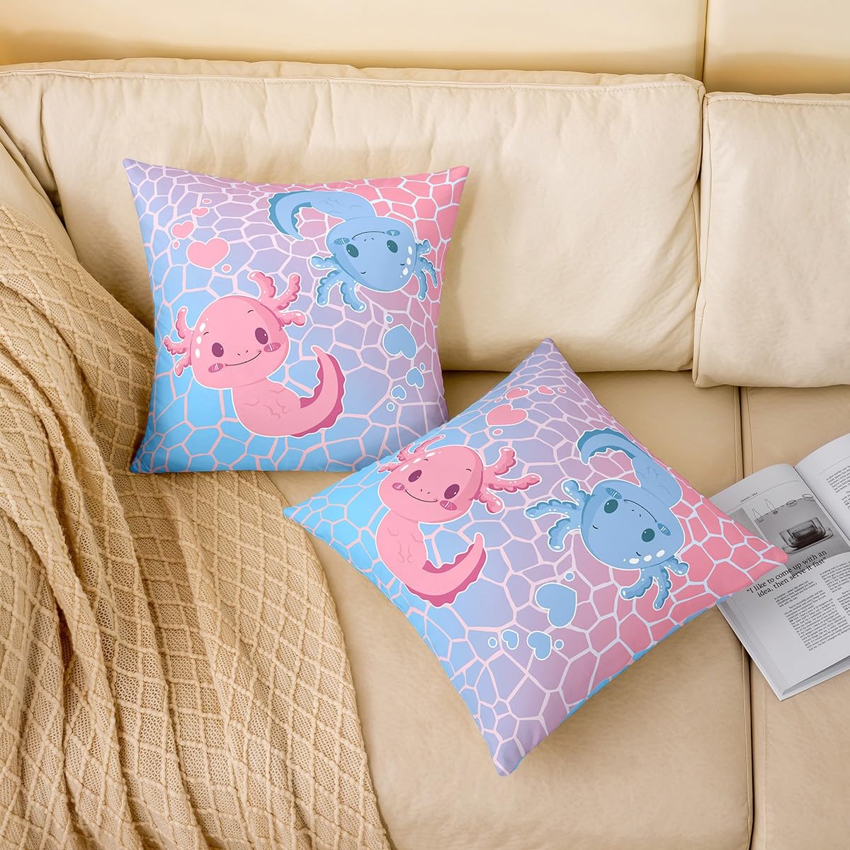 Cartoon Axolotl Pillow Covers Cute Pink Blue Wild Sealife Cushion Covers for Kids Boys Girls Dreamy Gradient Patchwork Grid Romantic Style Cushion Cases for Bed Sofa Chairs 24x24 Inch Set of 2